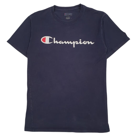 CHAMPION Navy T Shirt Tee Spellout Short Sleeve Cotton Mens S