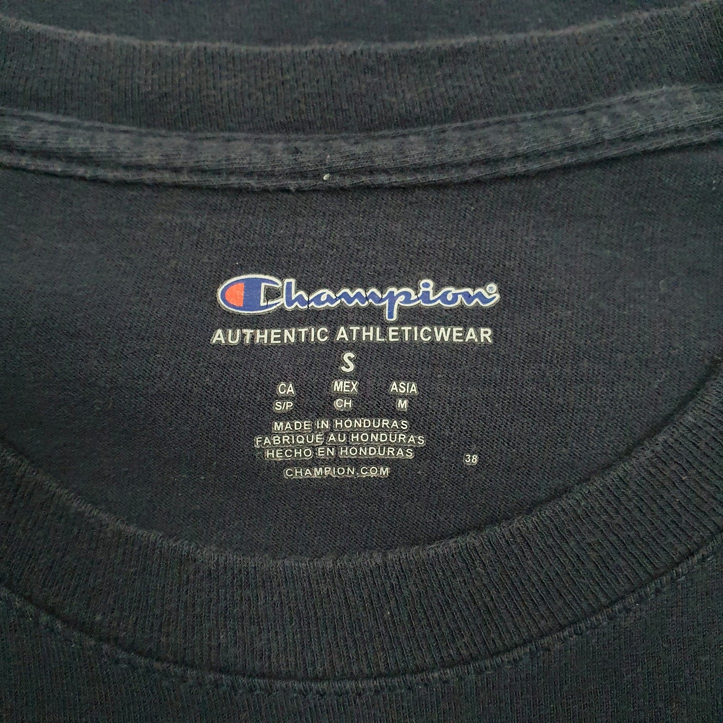 CHAMPION Navy T Shirt Tee Spellout Short Sleeve Cotton Mens S