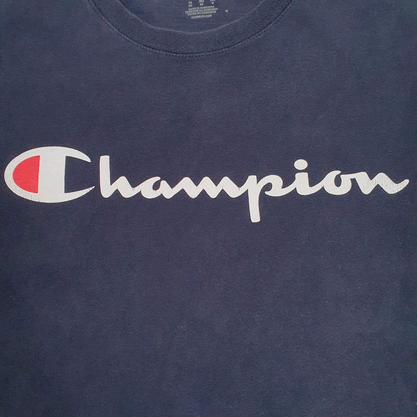 CHAMPION Navy T Shirt Tee Spellout Short Sleeve Cotton Mens S