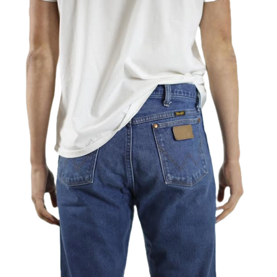 Back Side of Wrangler Jeans showing pocket logo patch. Link to all Wrangler Jeans
