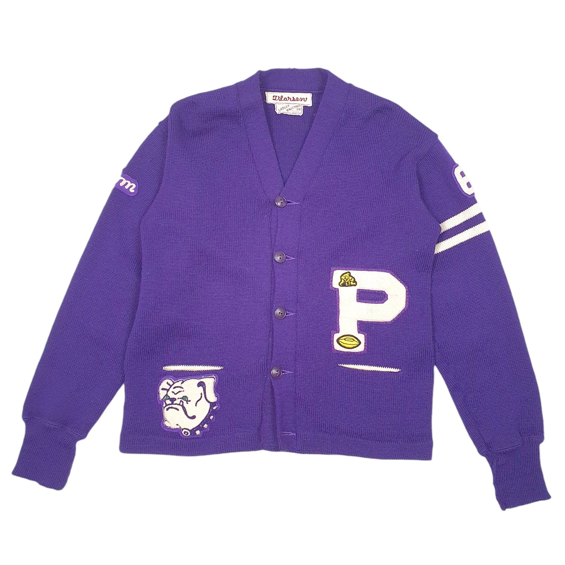 Mens Purple Lasley Knitting Co Vintage 50s 60s Letterman Bulldogs Football Made In USA Cardigan Jumper