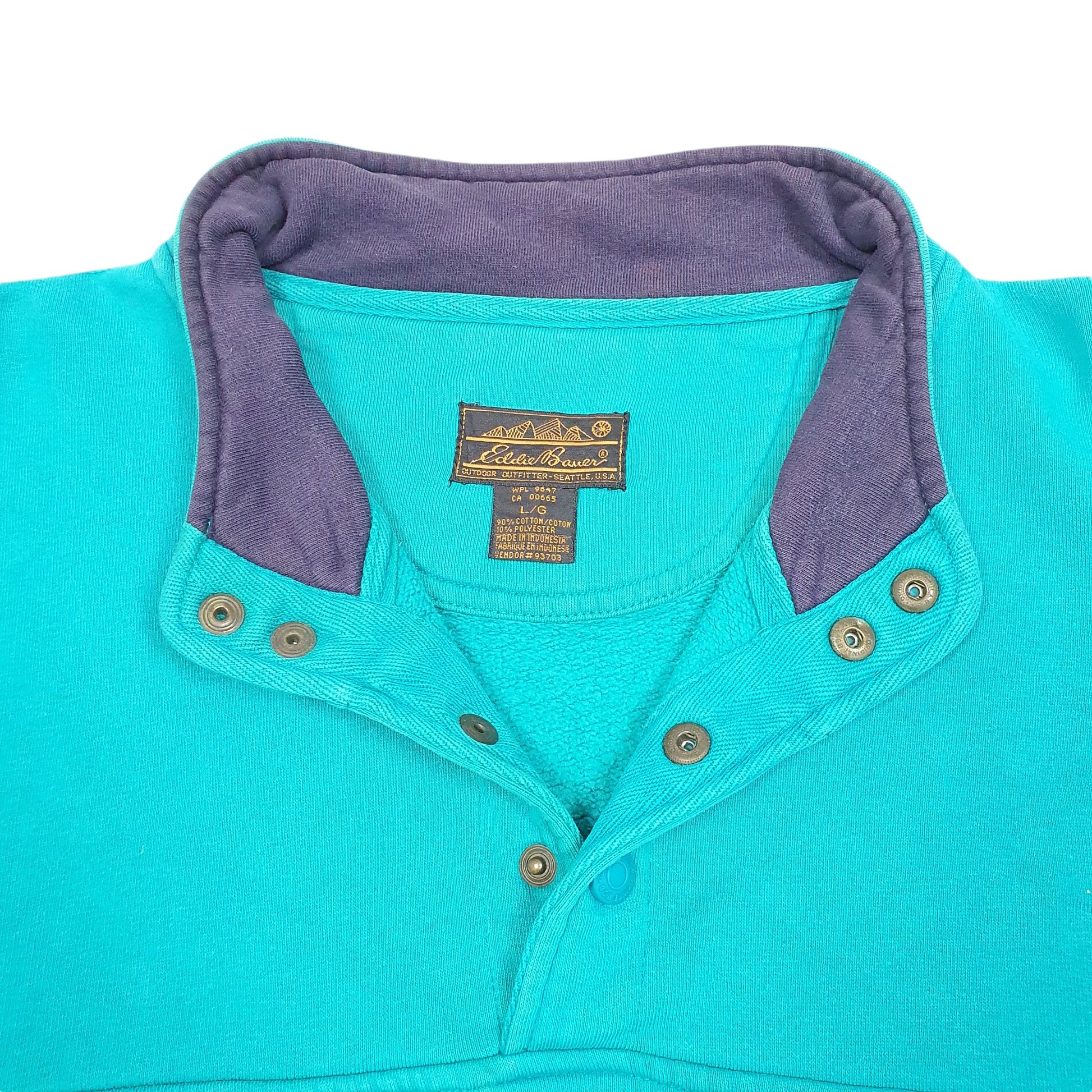 Mens Green Eddie Bauer Vintage Popper Snap Button Quarter Zip Jumper