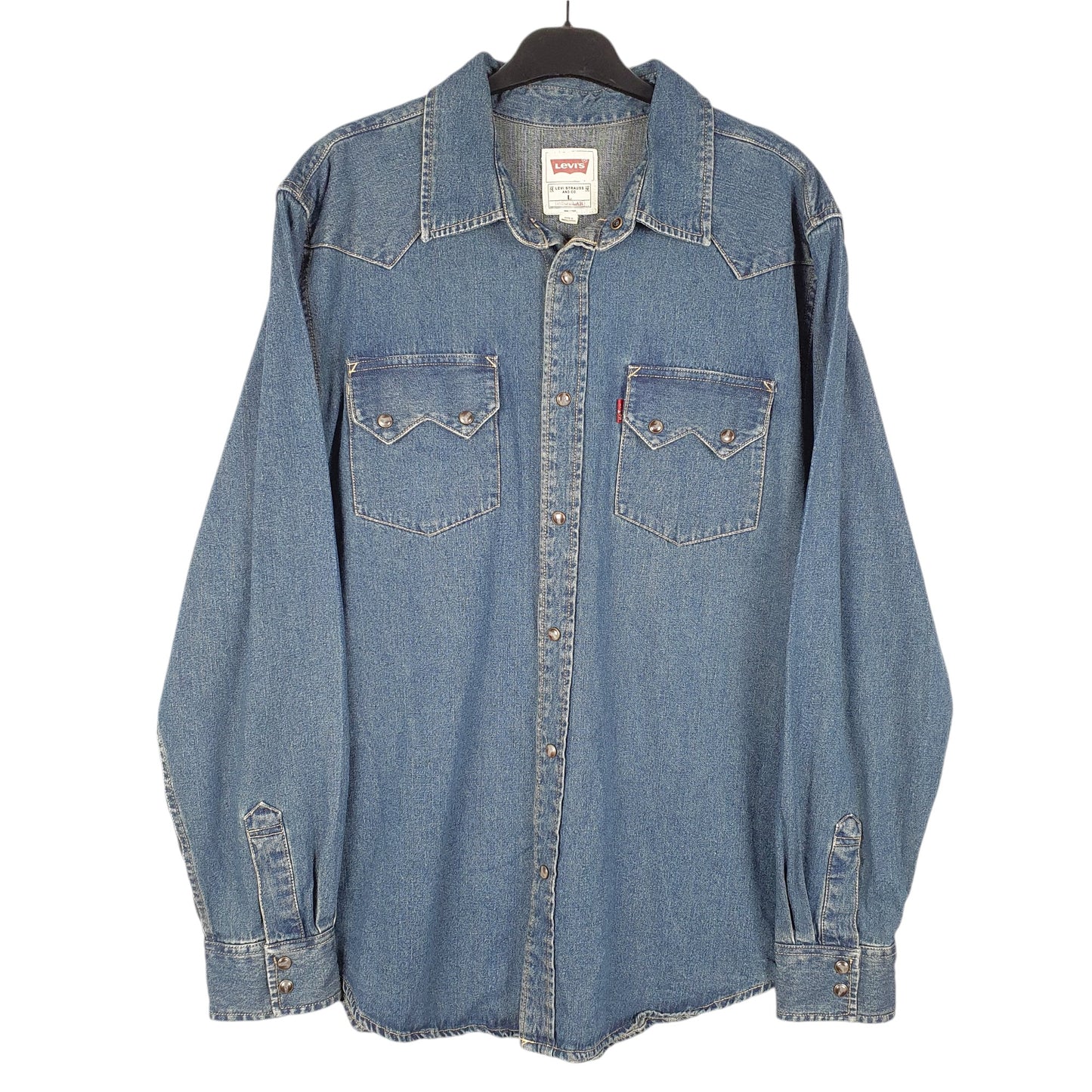 Mens Blue Levis Denim Jeans Western Pearl Snap Cowboy Overshirt Long Sleeve Shirt