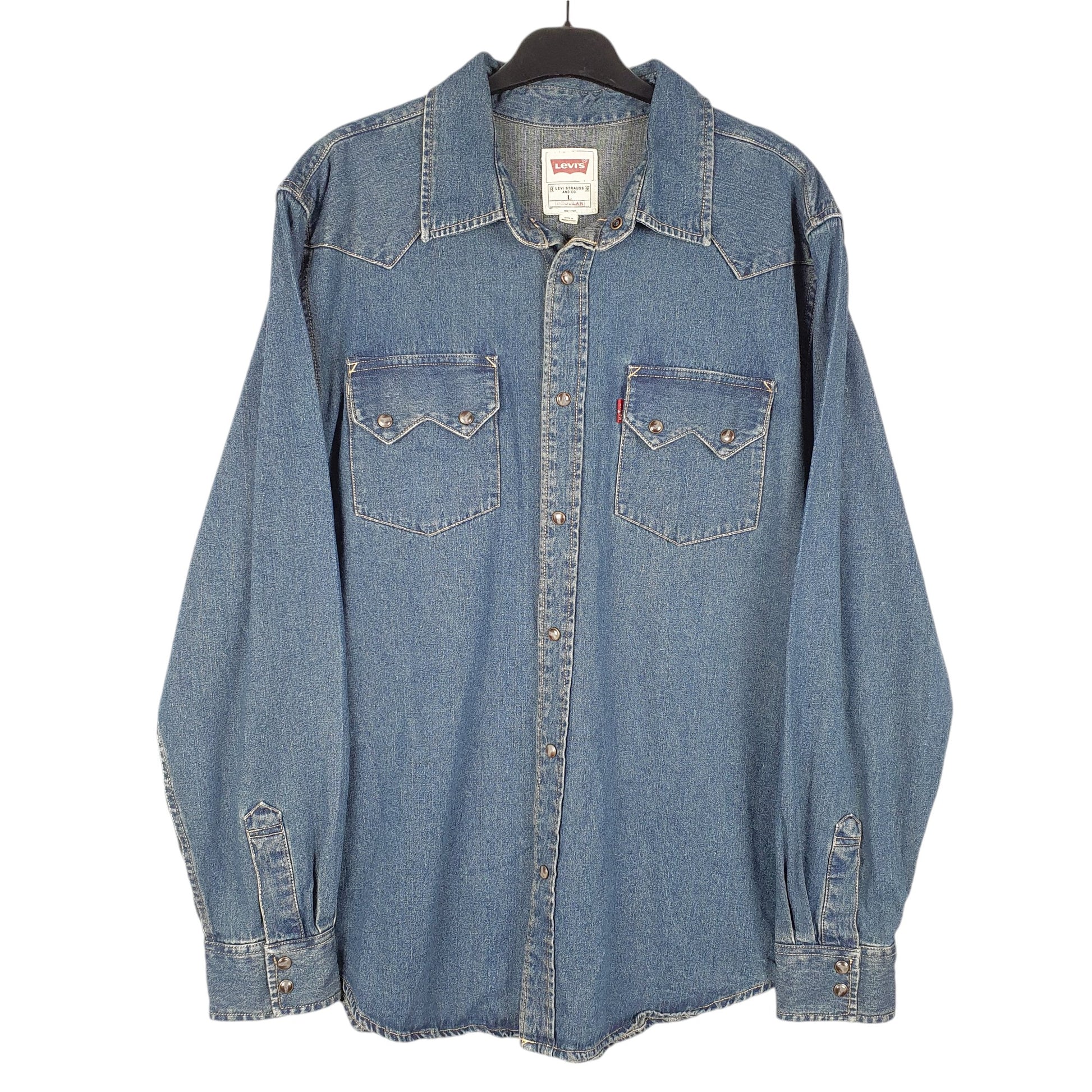 Mens Blue Levis Denim Jeans Western Pearl Snap Cowboy Overshirt Long Sleeve Shirt