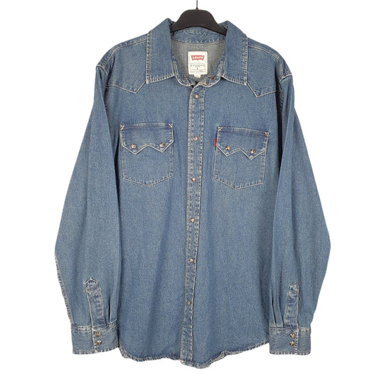 Mens Blue Levis Denim Jeans Western Pearl Snap Cowboy Overshirt Long Sleeve Shirt