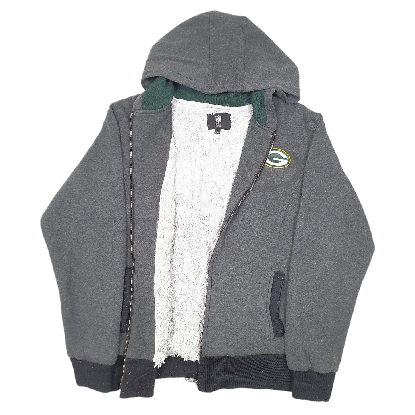 Womens Grey NFL Hoodie Green Bay Packers Football Lined Spellout Full Zip Jumper