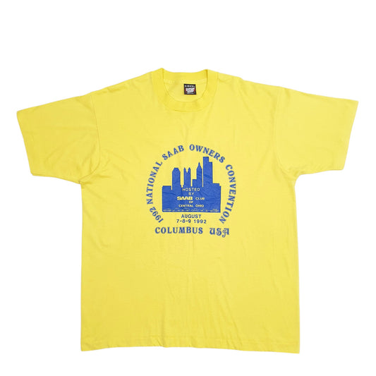 Mens Yellow Fruit Of The Loom Single Stitch Vintage 90s Made In USA Saab Cars Ohio Short Sleeve T Shirt