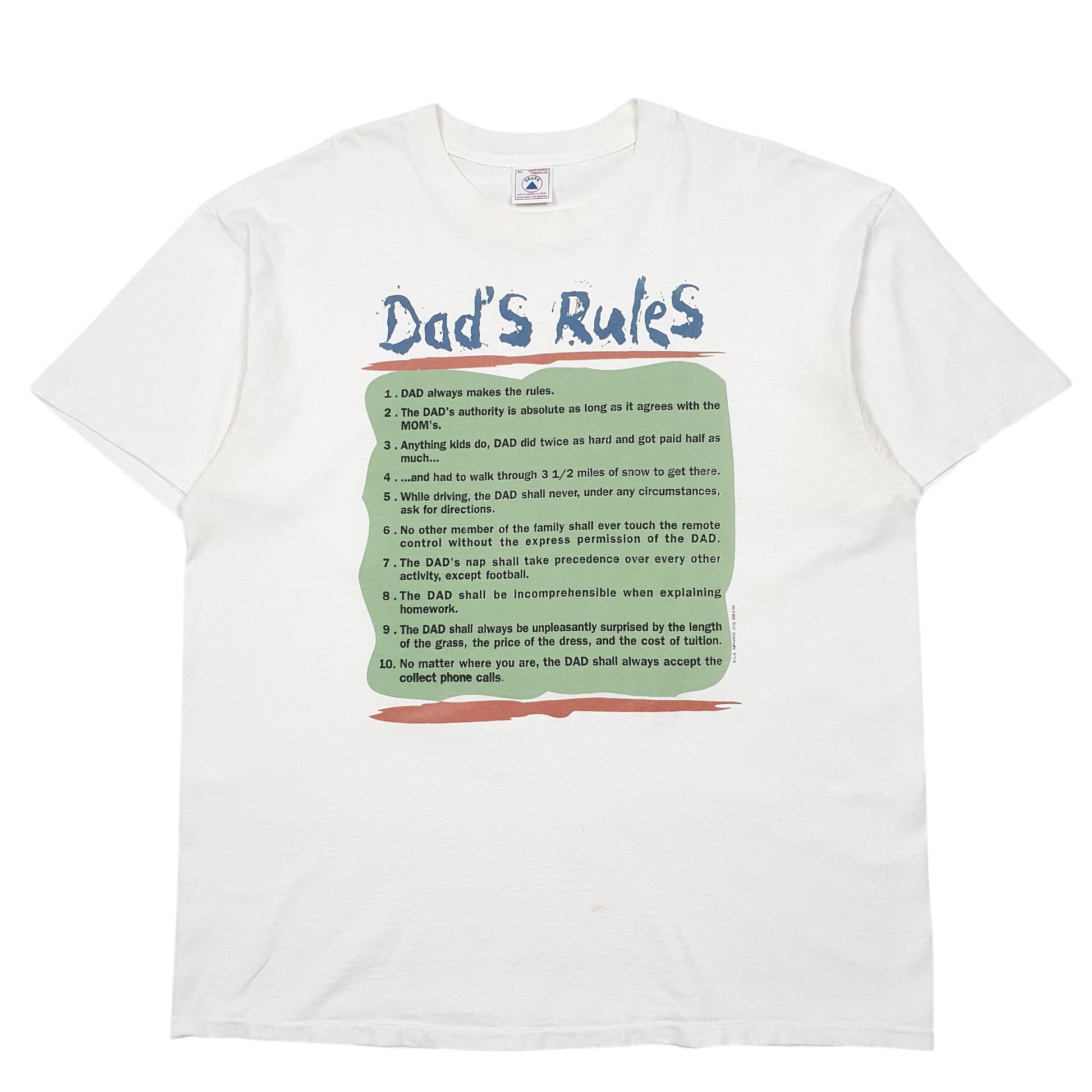 Mens White Delta Single Stitch Vintage 90s Made In USA Dads Rules Short Sleeve T Shirt