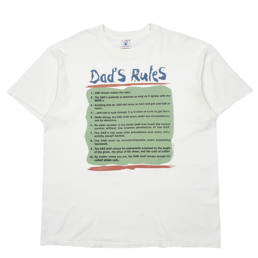 Mens White Delta Single Stitch Vintage 90s Made In USA Dads Rules Short Sleeve T Shirt