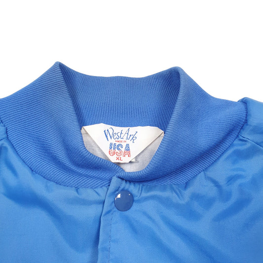 Mens Blue West Ark Vintage Baseball Varsity Made In USA Retirement Community Full Zip Coat