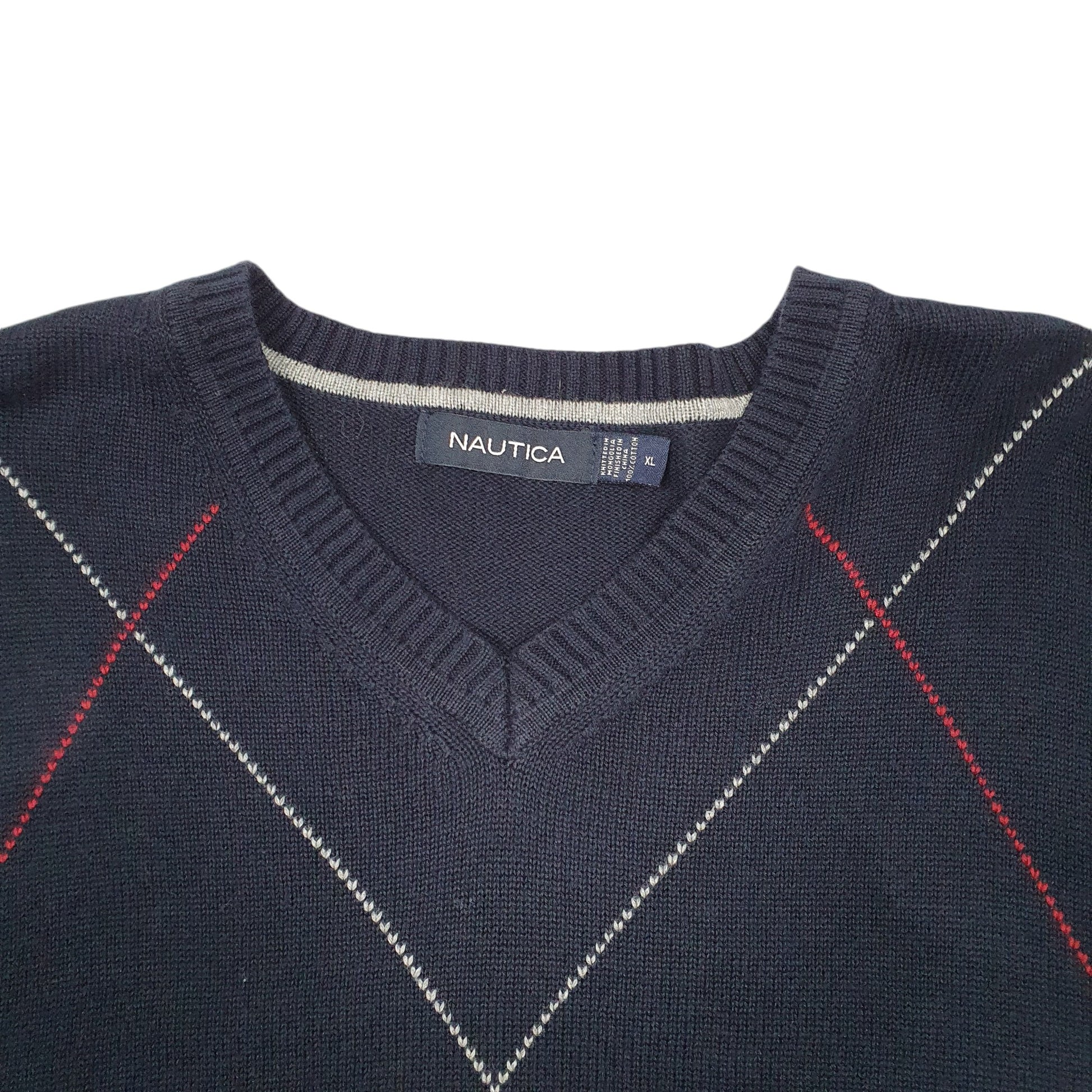 Mens Navy Nautica Knit Argyle V Neck Jumper