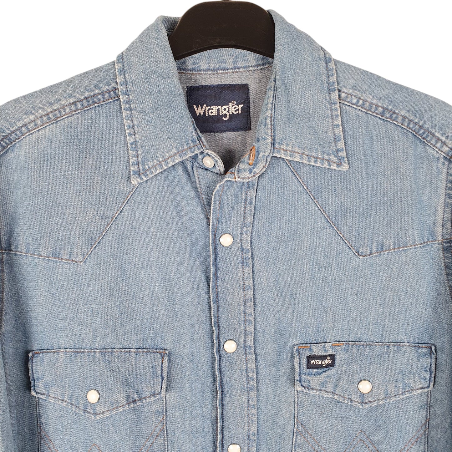Mens Blue Wrangler Denim Jeans Western Pearl Snap Cowboy Long Sleeve Shirt