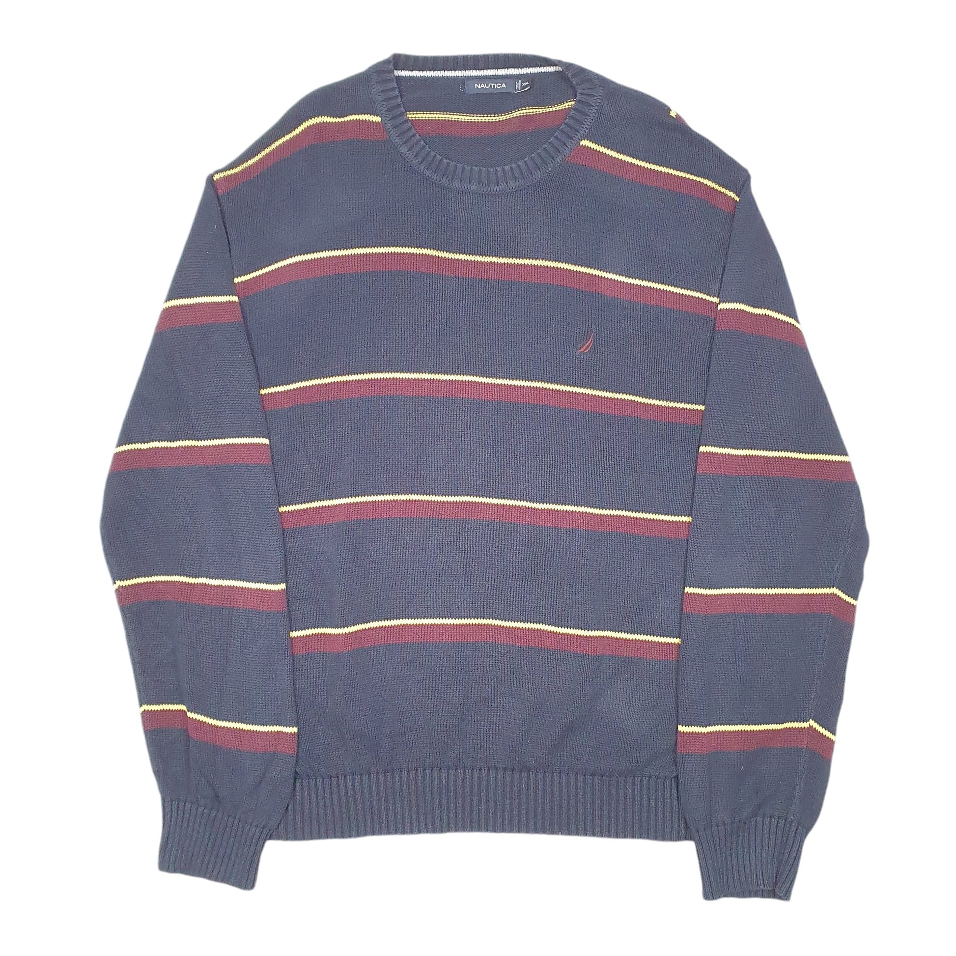Mens Navy Nautica Knit Striped Sweater Crewneck Jumper