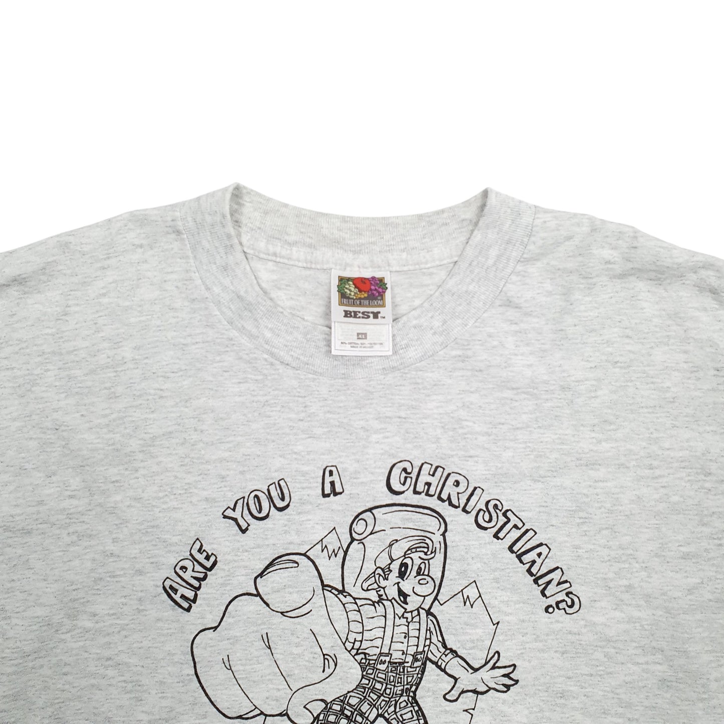 Mens Grey Fruit Of The Loom Single Stitch Vintage 90s Christian Cartoon Short Sleeve T Shirt