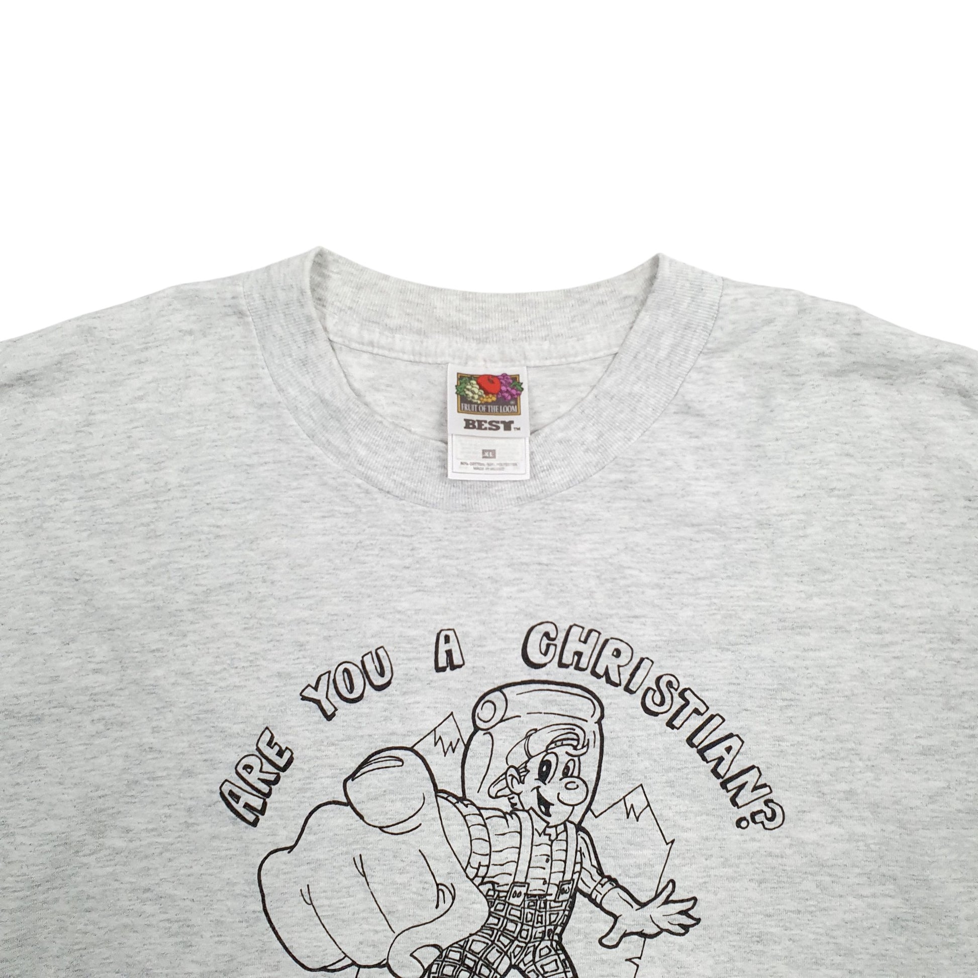 Mens Grey Fruit Of The Loom Single Stitch Vintage 90s Christian Cartoon Short Sleeve T Shirt