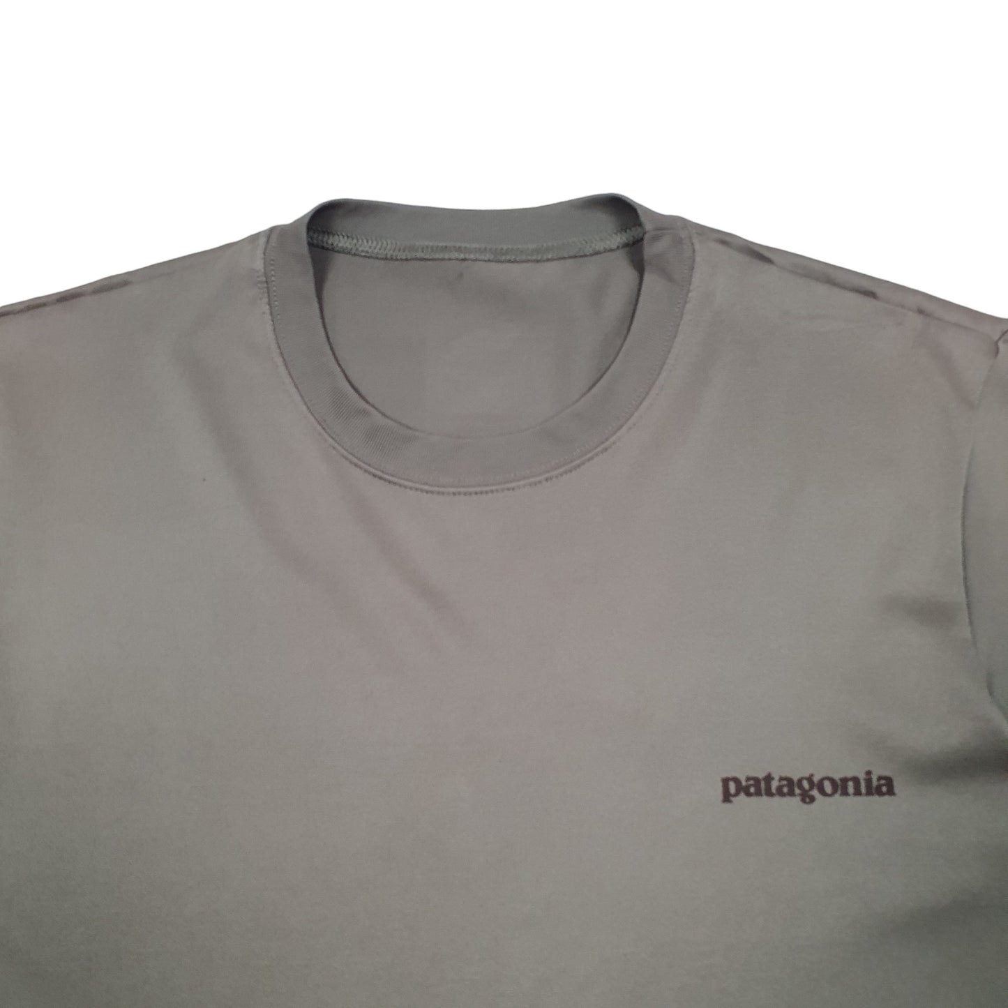 Mens Khaki Patagonia Active Spellout Great Pacific Iron Works Waves Short Sleeve T Shirt
