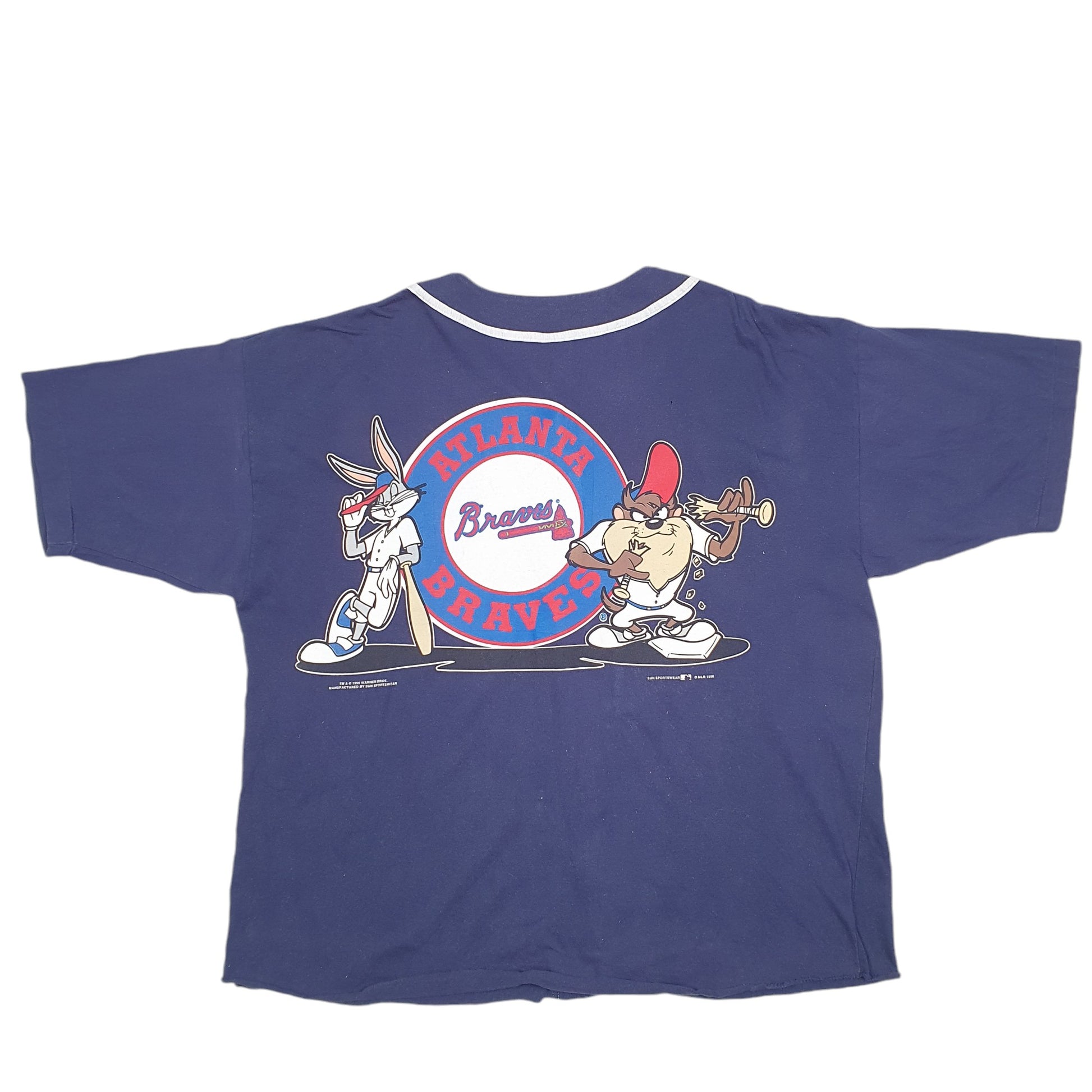 Mens Navy Sun 90s 1996 MLB Baseball Jersey Atlanta Braves Looney Toons Bugs Bunny Vintage Short Sleeve T Shirt