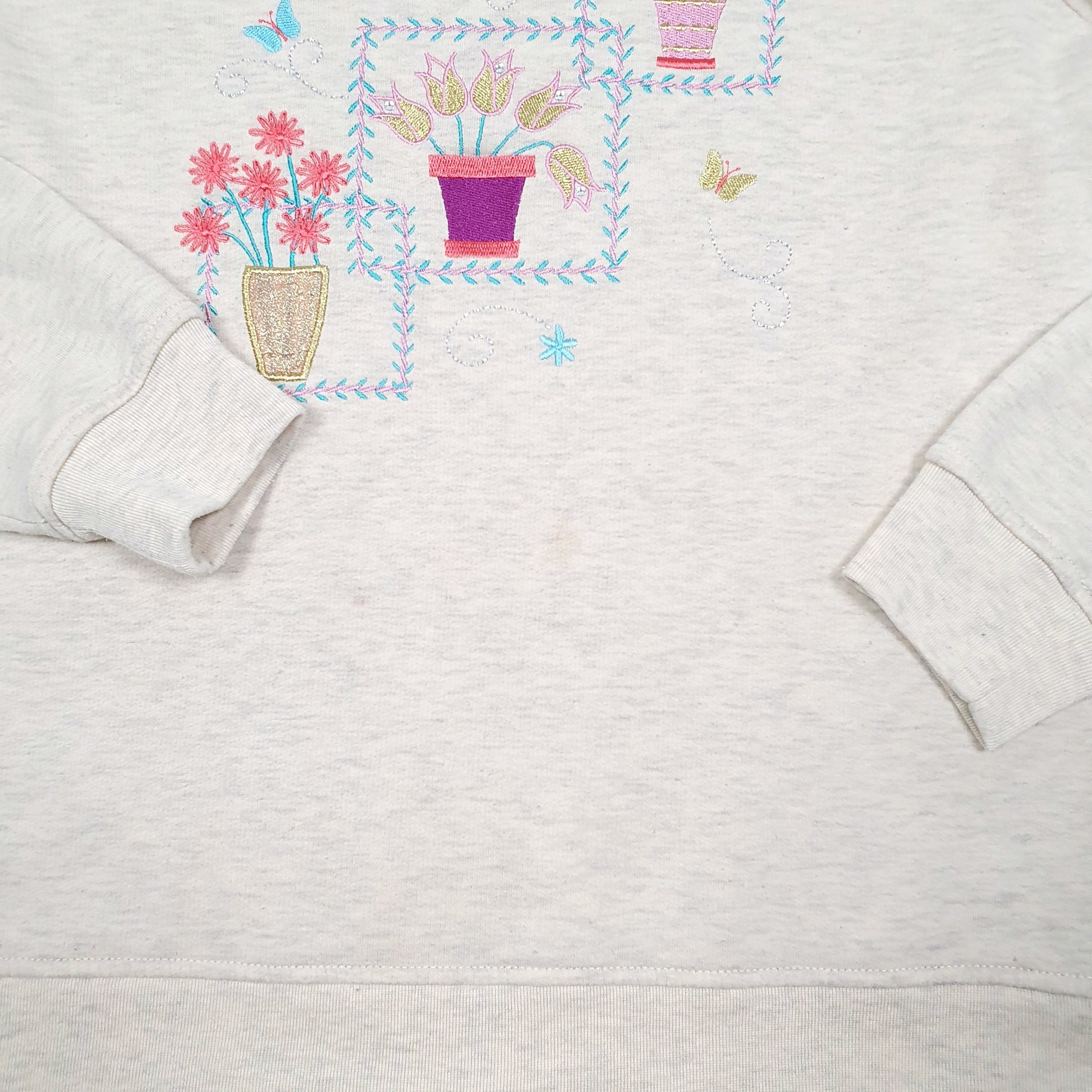 Womens Cream Breckenridge Vintage Retro Pot Plants Butterfly 90s Crewneck Jumper