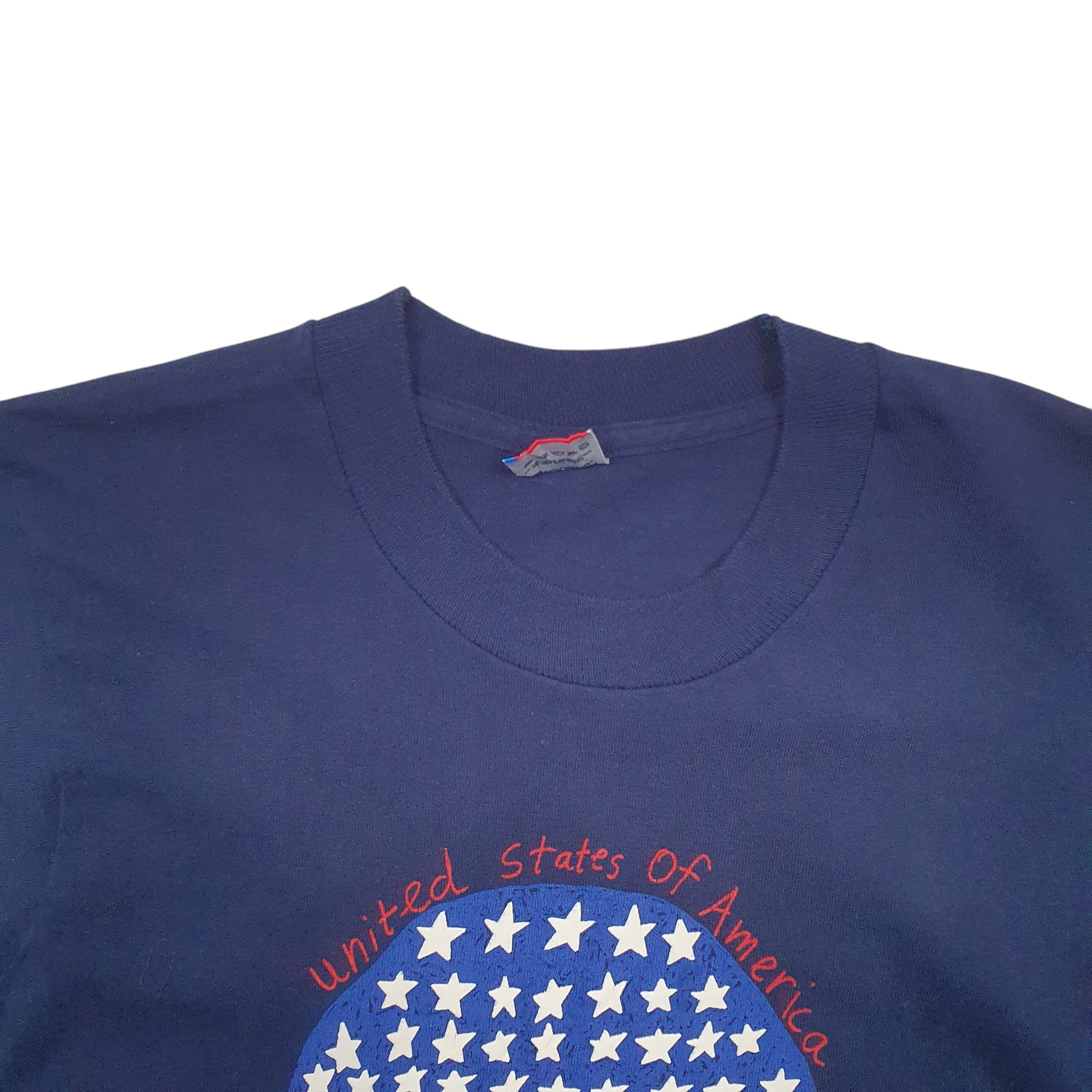 Womens Navy Fruit Of The Loom Single Stitch Vintage 90s Made In USA United States Of America Short Sleeve T Shirt