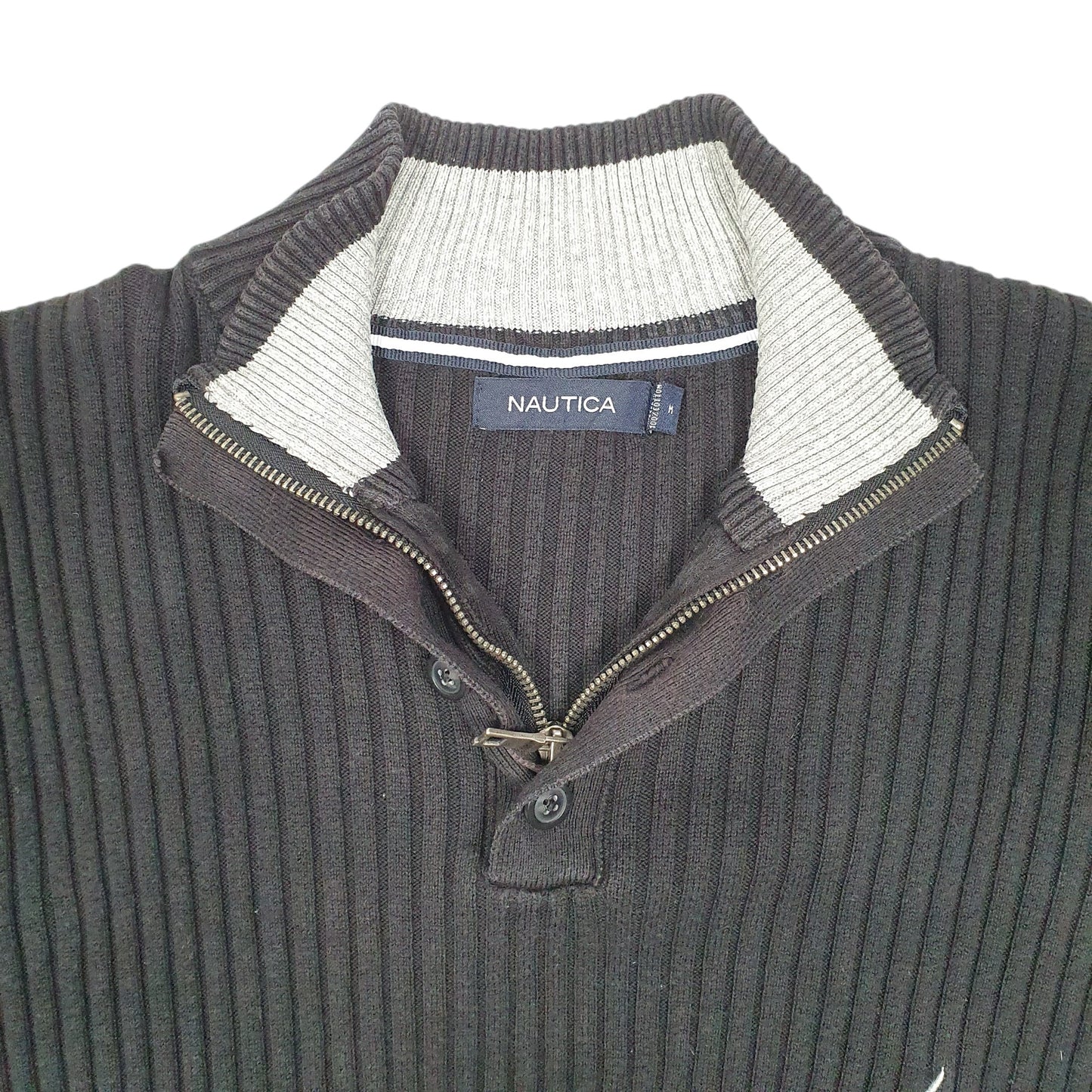 Mens Black Nautica Knit Ribbed Button Quarter Zip Jumper