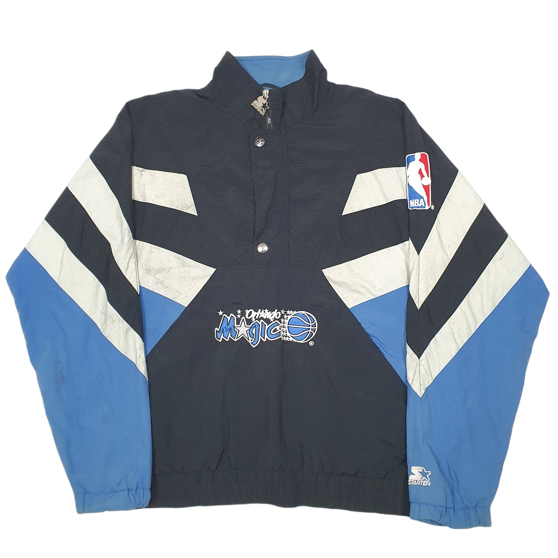 Mens Black Starter Vintage 90s Orlando Magic NBA Spellout Smock  Coat