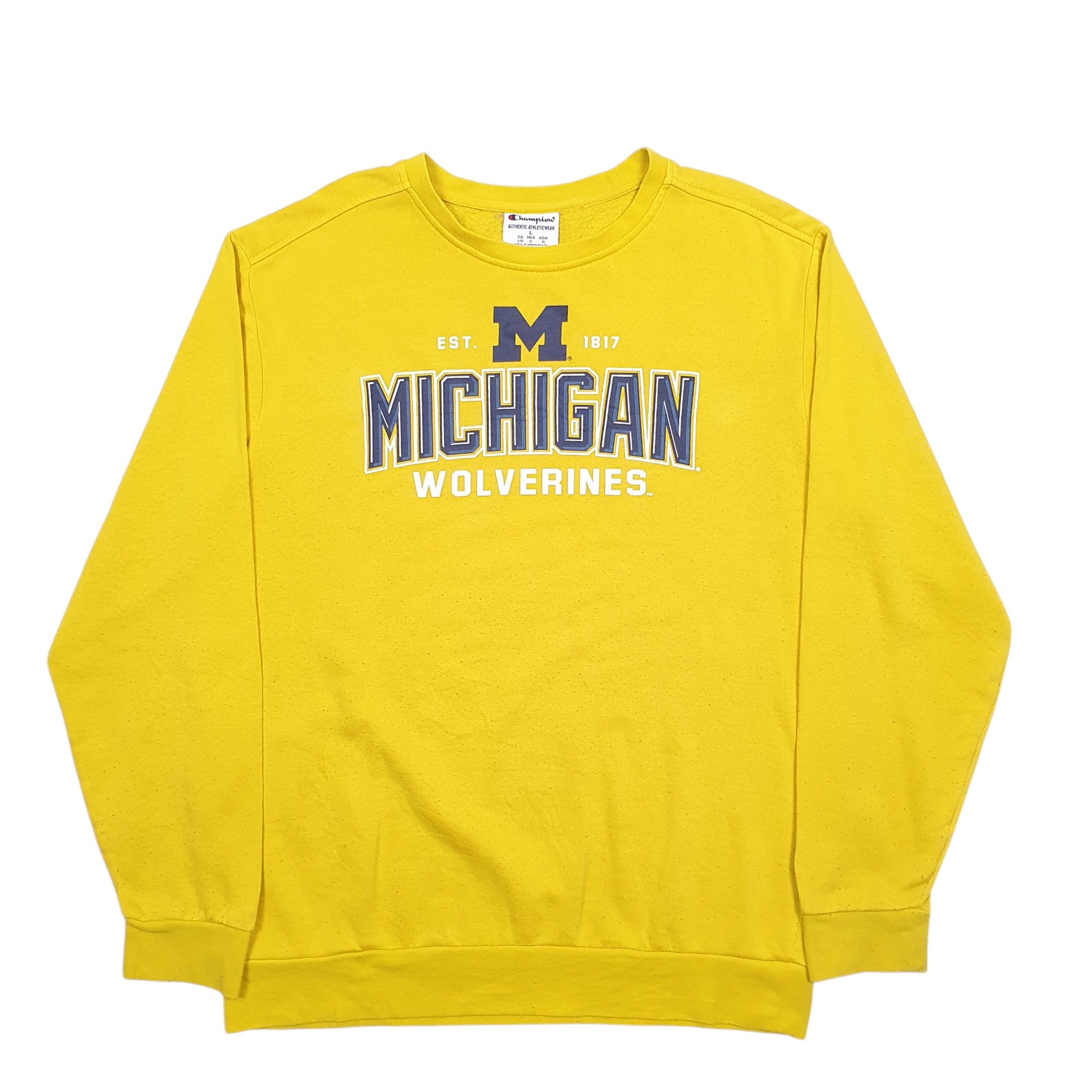 Mens Yellow Champion Michigan Wolverines Spellout Crewneck Jumper