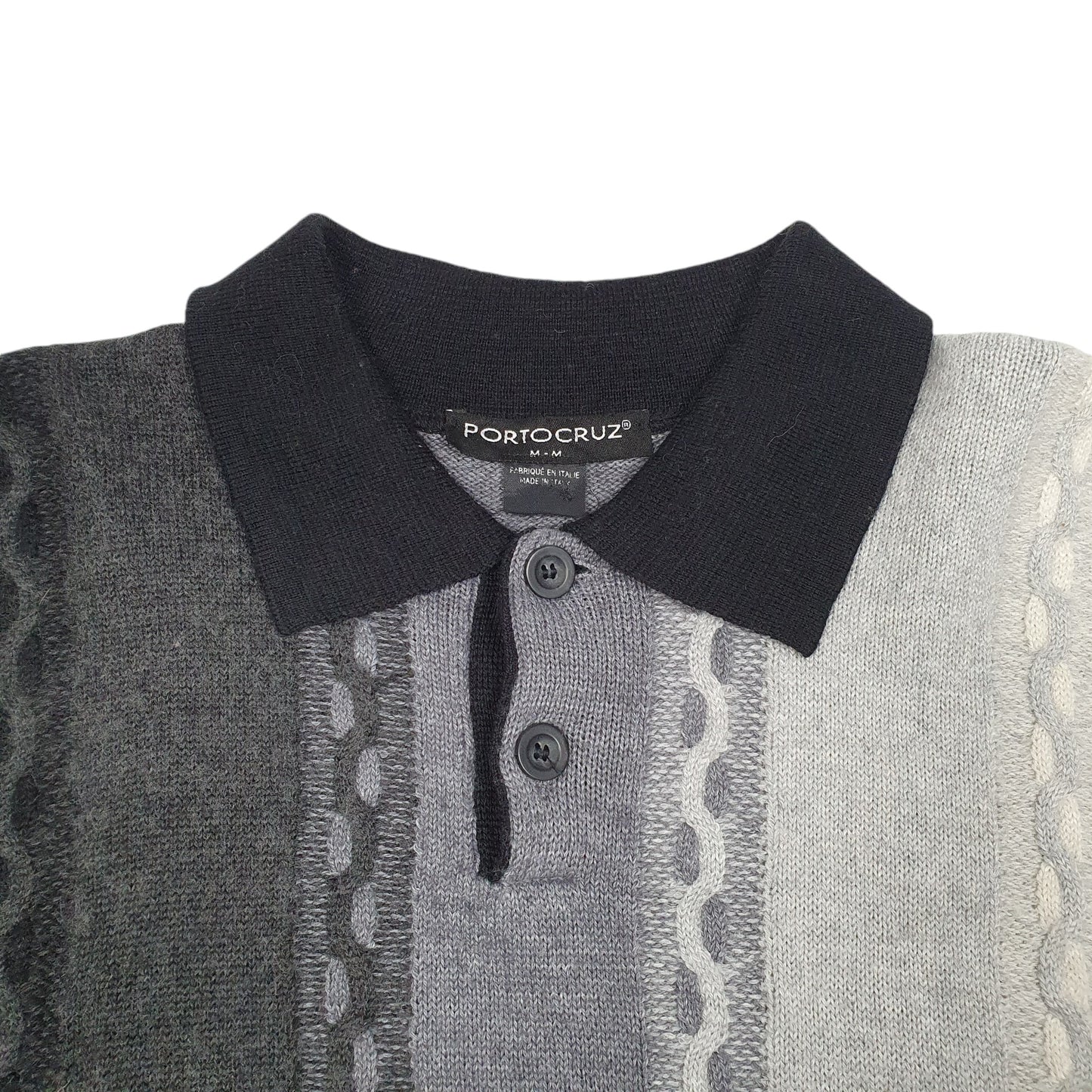 Mens Black Porto Cruz Collared Knit Cable Striped Crewneck Jumper