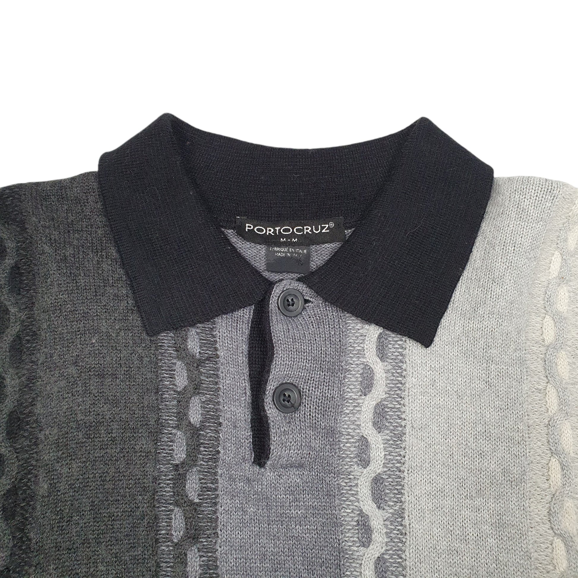 Mens Black Porto Cruz Collared Knit Cable Striped Crewneck Jumper