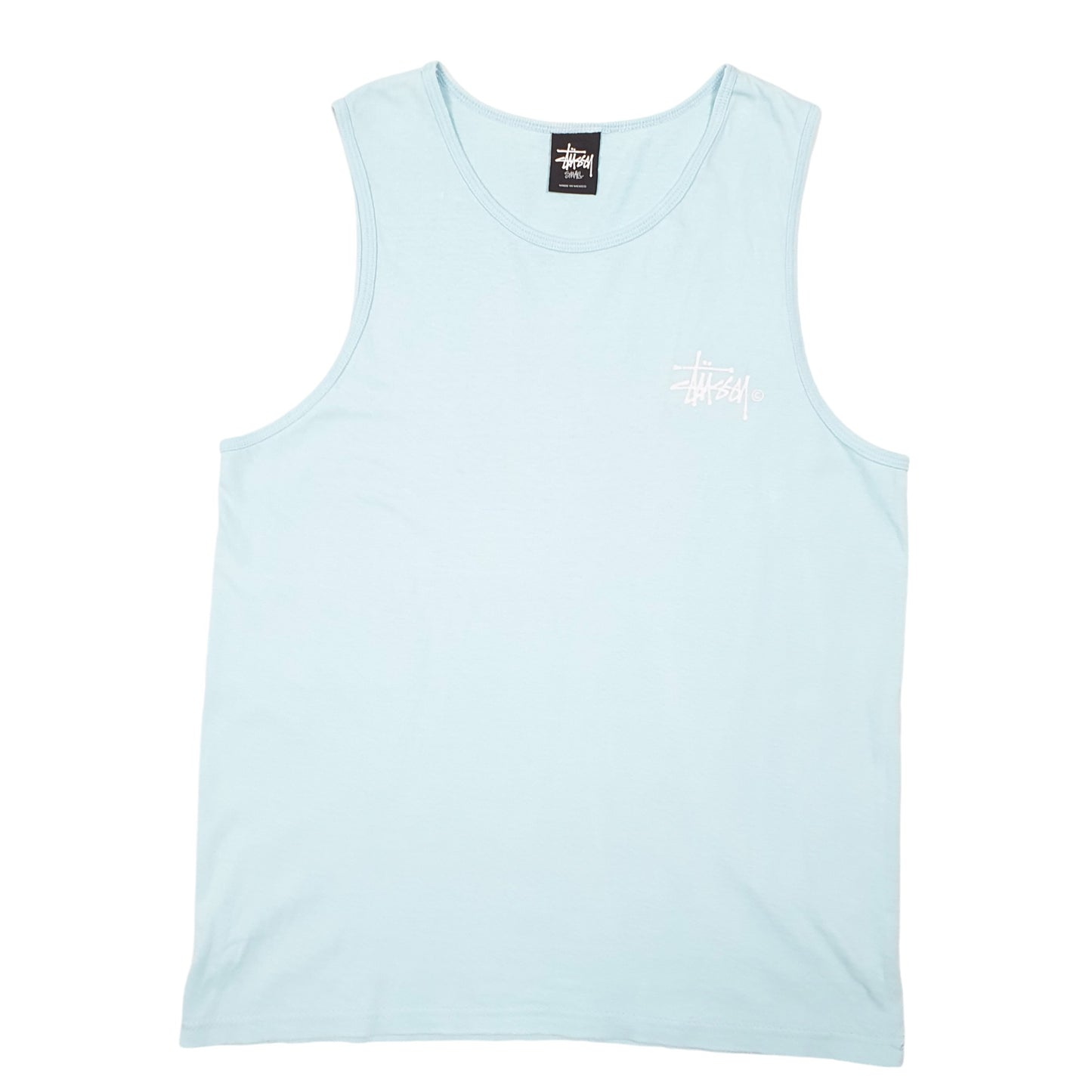 Mens Blue Stussy Spellout Vest Tank Top Short Sleeve T Shirt