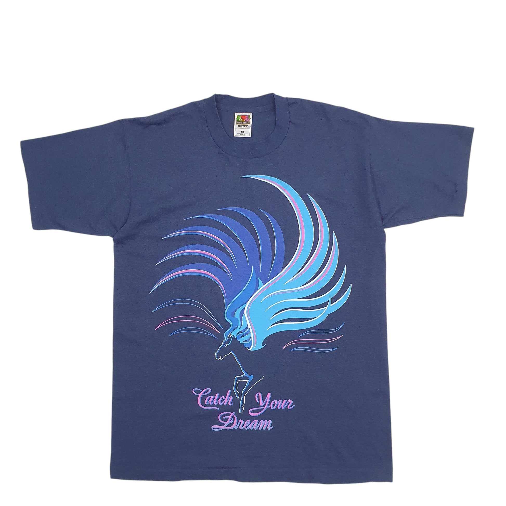 Mens Navy Fruit Of The Loom Single Stitch Vintage 90s Catch Your Dreams Short Sleeve T Shirt