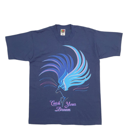 Mens Navy Fruit Of The Loom Single Stitch Vintage 90s Catch Your Dreams Short Sleeve T Shirt