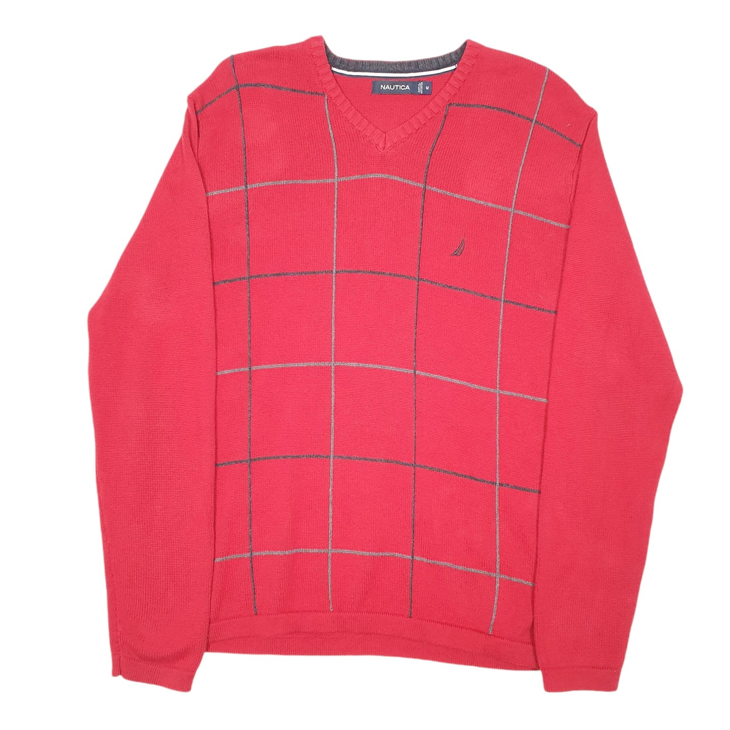 Mens Red Nautica Knit Grid V Neck Jumper