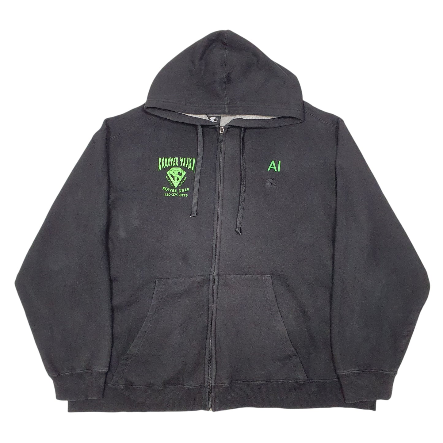 Mens Black Starter Hoodie Scooter Trash Custom Cycles Denver USA Biker Full Zip Jumper