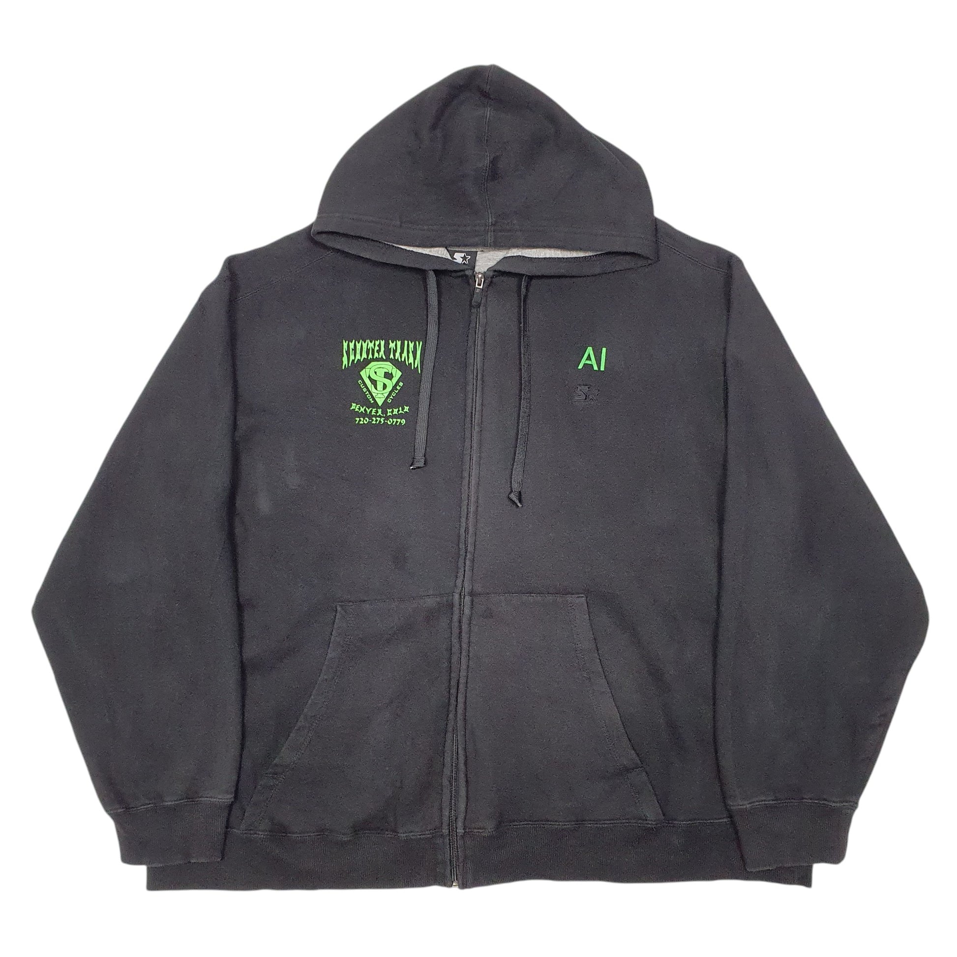 Mens Black Starter Hoodie Scooter Trash Custom Cycles Denver USA Biker Full Zip Jumper