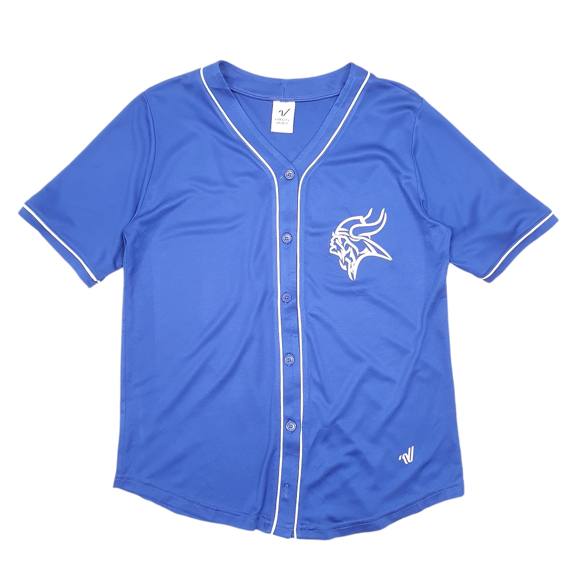 Mens Blue Varsity Spirit Vikings Baseball Jersey Little league USA Short Sleeve T Shirt