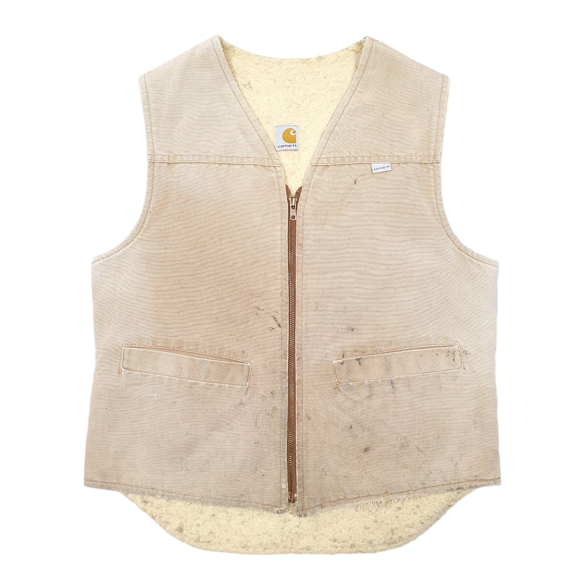 Mens Tan Carhartt Vintage Workwear Vest Sherpa Lined Union Made In USA Full Zip Coat