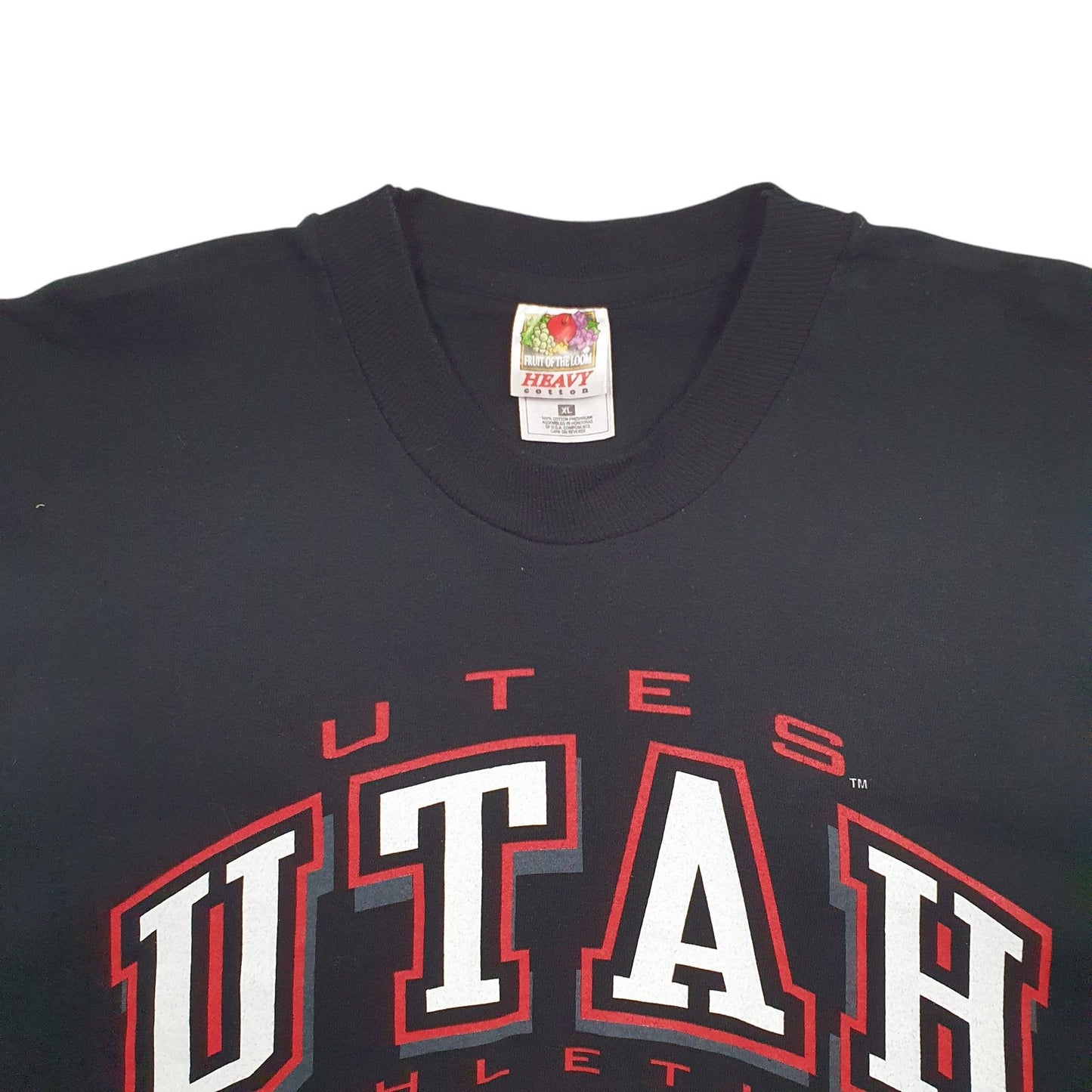 Mens Black Fruit Of The Loom Single Stitch Vintage 90s Utah Athletics Spellout Short Sleeve T Shirt