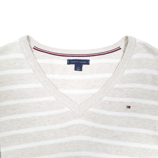 Womens Cream Tommy Hilfiger Striped V Neck Jumper