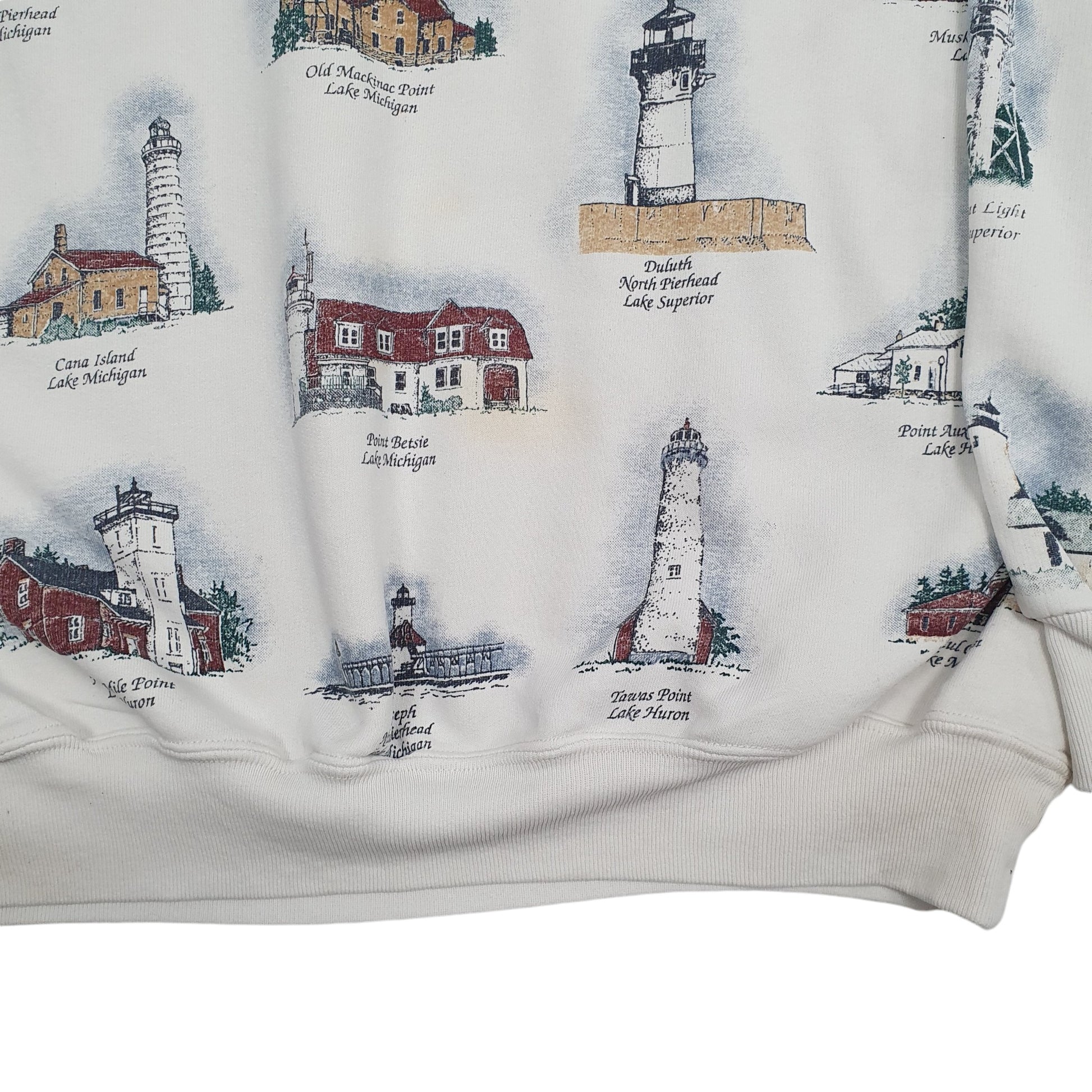 Mens White Art Unlimited Vintage 1990s Made in USA Great Lakes Lighthouses Crewneck Jumper