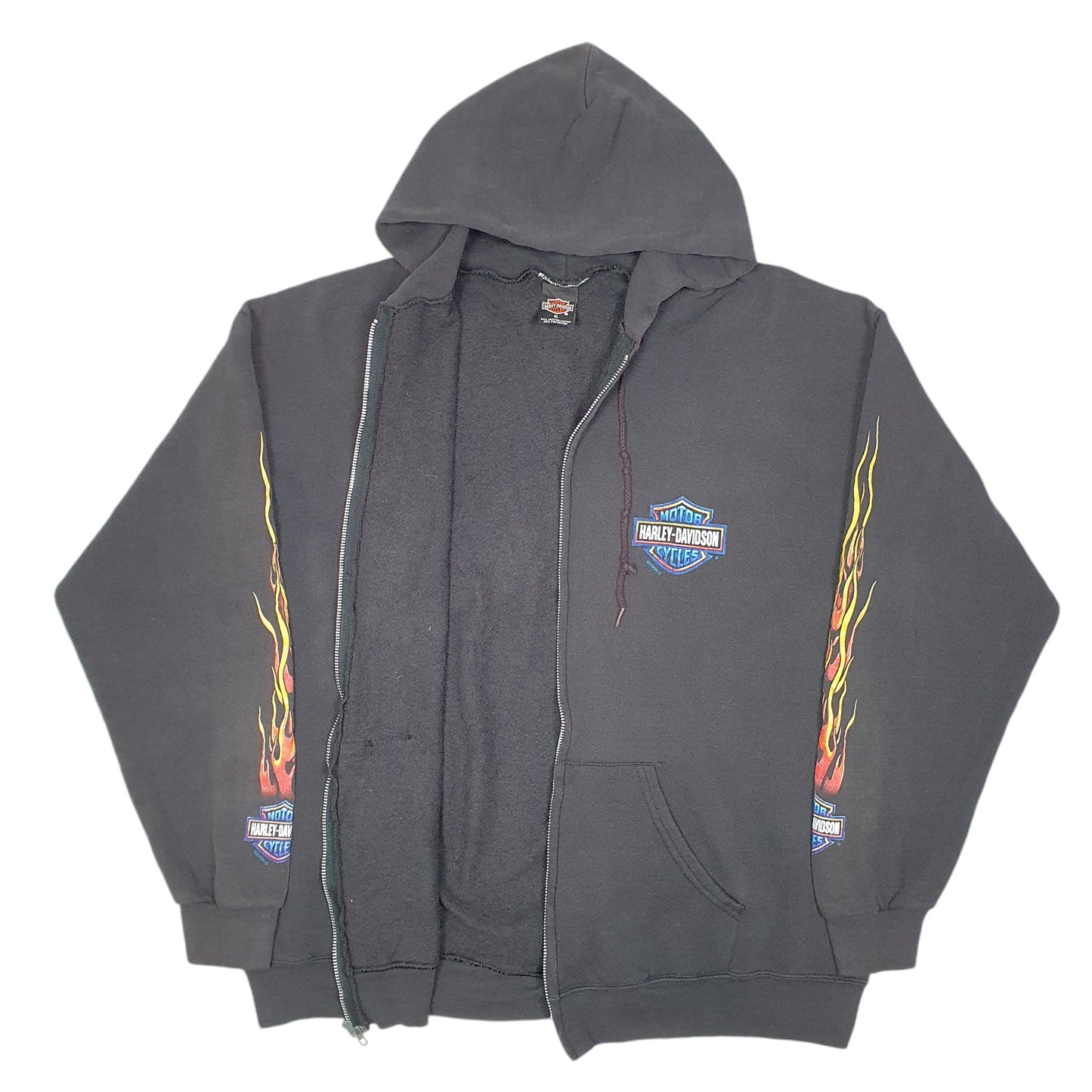 Mens Black Harley Davidson Vintage Hoodie 2000 Y2K Motorcycles Cleveland Made In USA Flames Full Zip Jumper