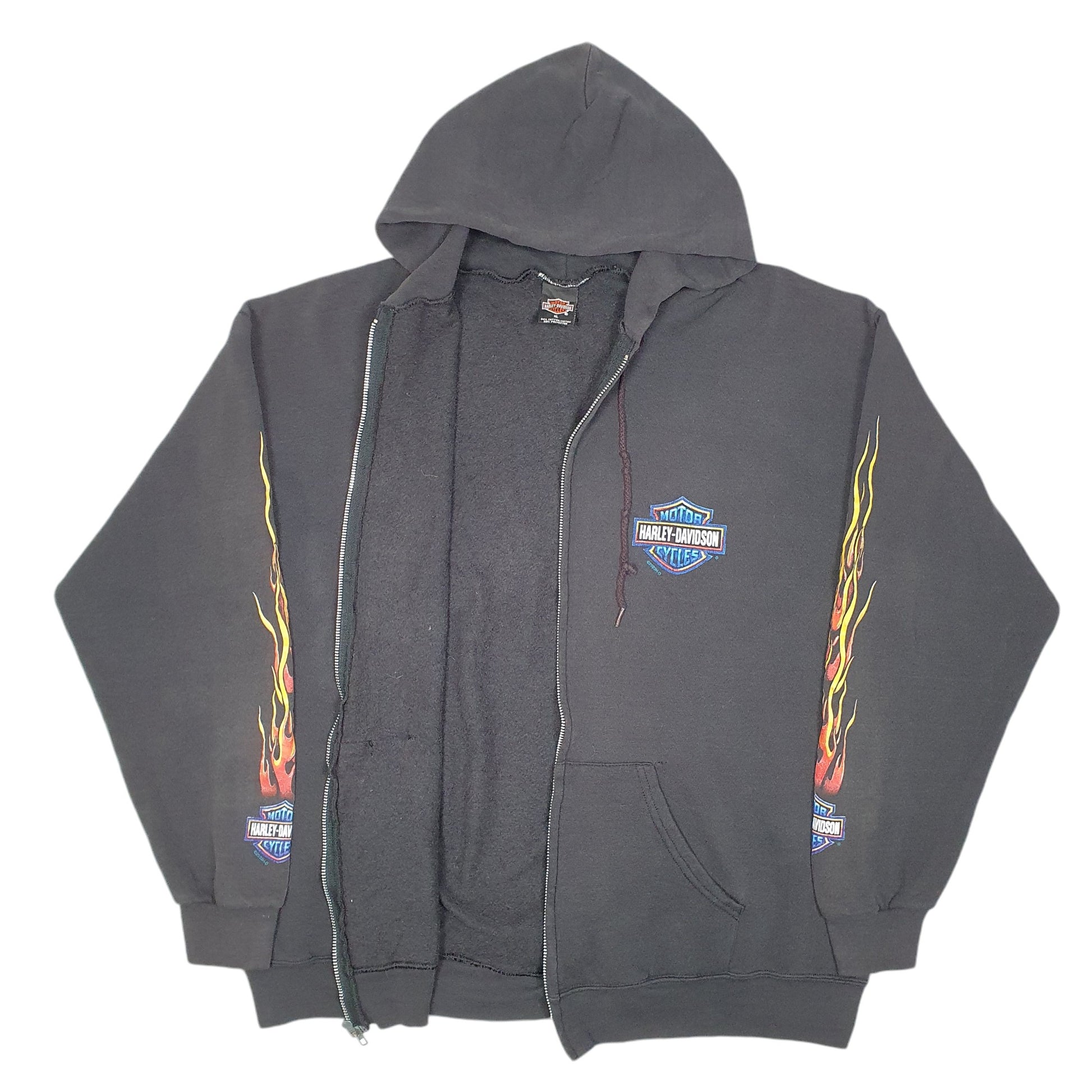 Mens Black Harley Davidson Vintage Hoodie 2000 Y2K Motorcycles Cleveland Made In USA Flames Full Zip Jumper