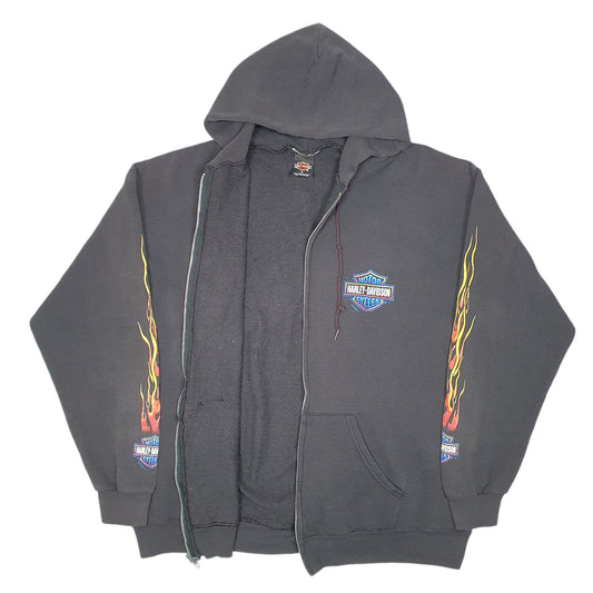 Mens Black Harley Davidson Vintage Hoodie 2000 Y2K Motorcycles Cleveland Made In USA Flames Full Zip Jumper