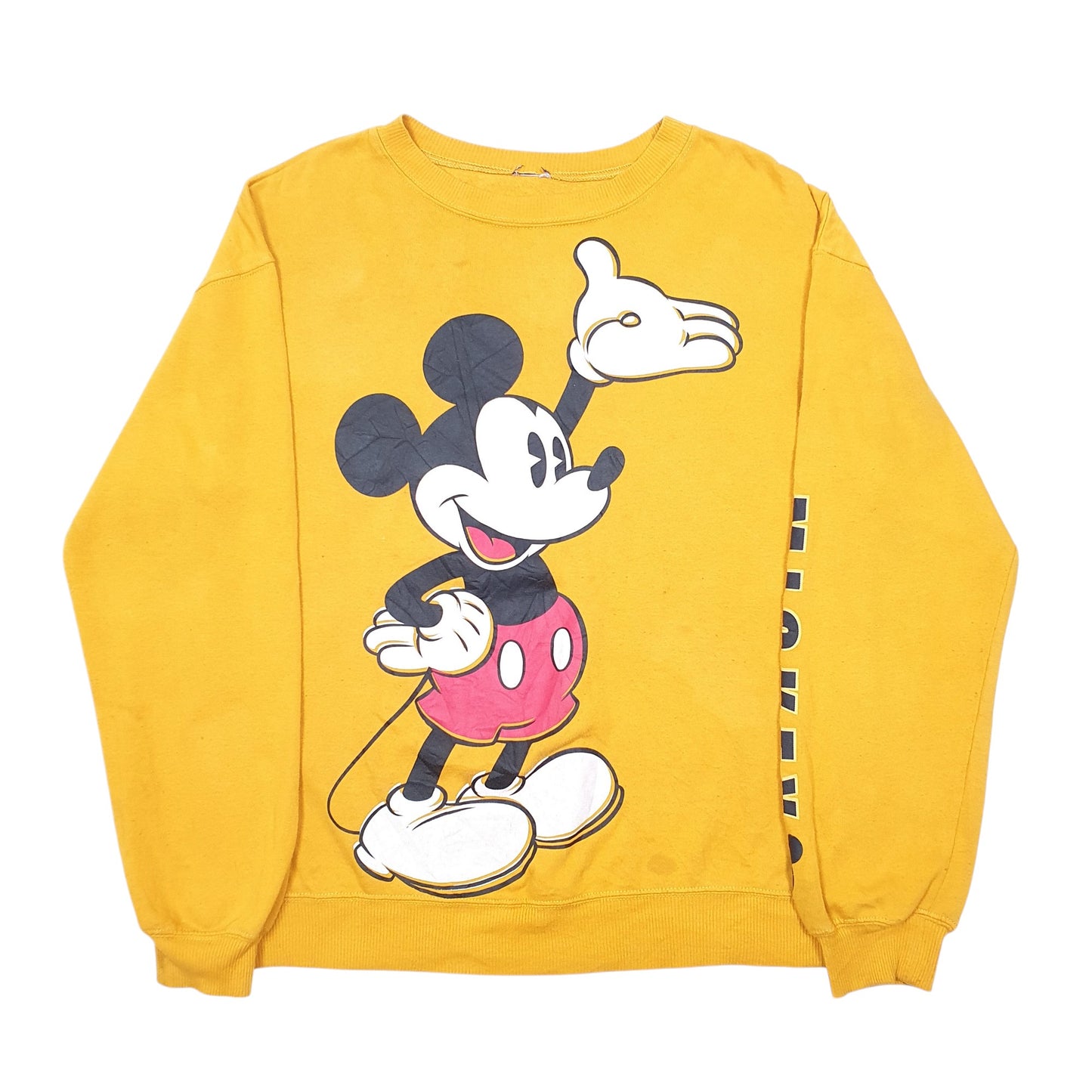 Womens Yellow Disney Mickey Mouse Sleeve Spellout Crewneck Jumper