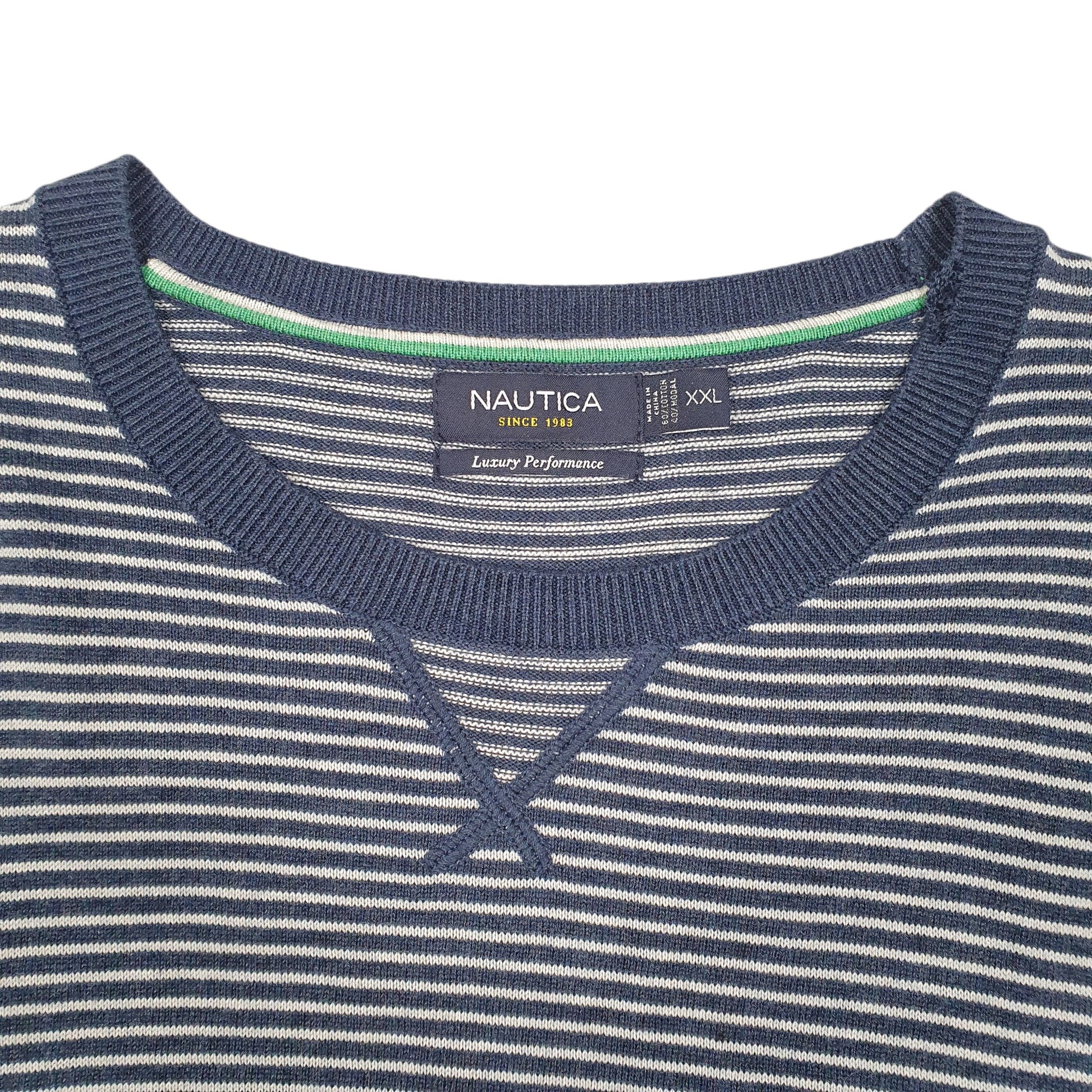 Mens Navy Nautica Knit Striped Sweater Crewneck Jumper