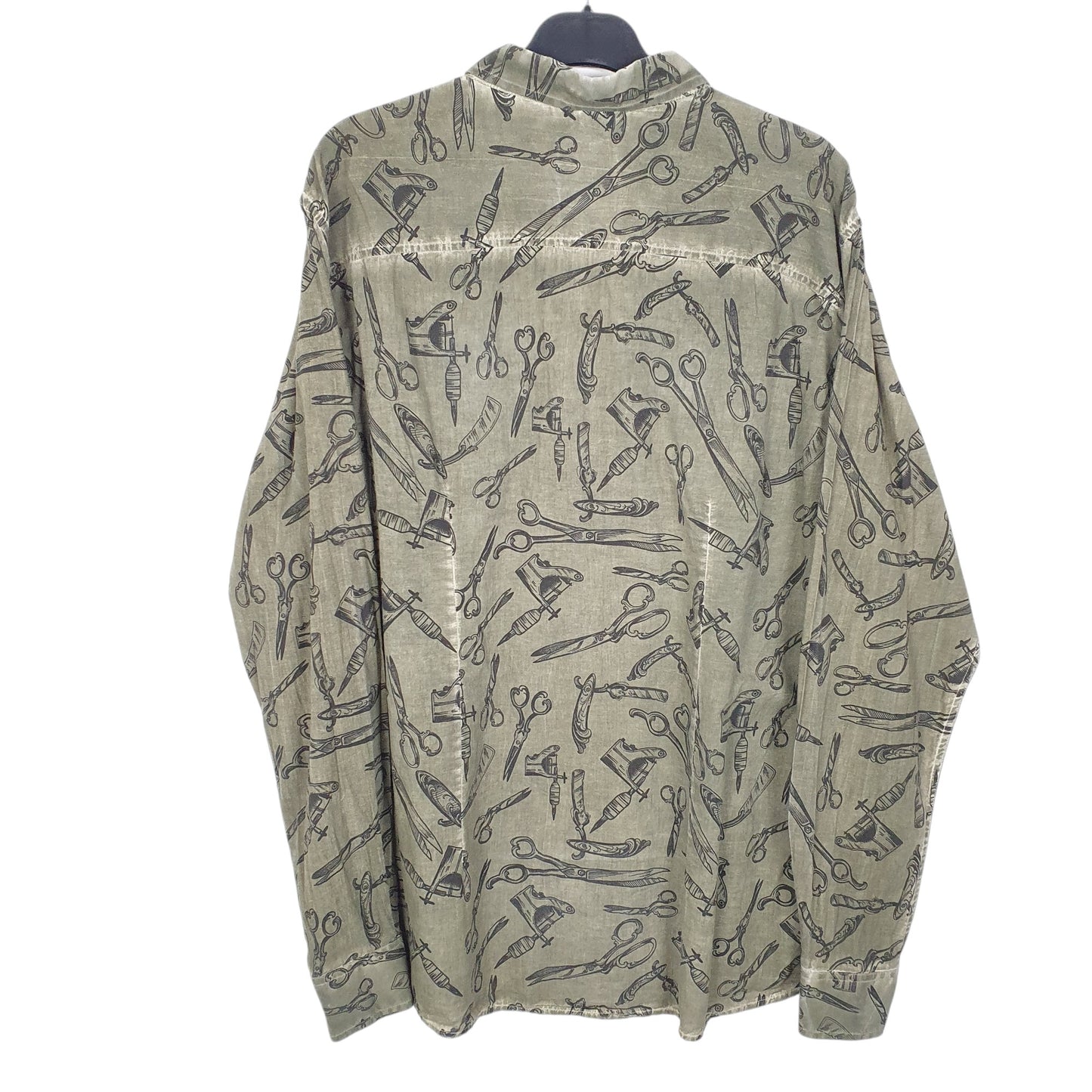 Mens Khaki Polo Wear Tattoo Gun Razor Scissors Barber Long Sleeve Shirt