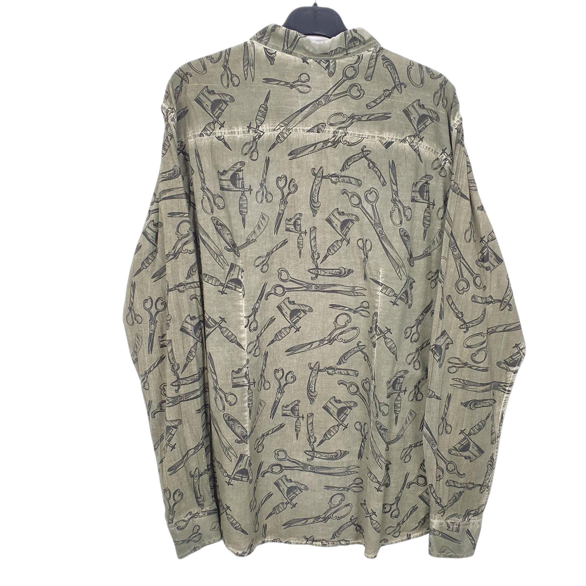 Mens Khaki Polo Wear Tattoo Gun Razor Scissors Barber Long Sleeve Shirt