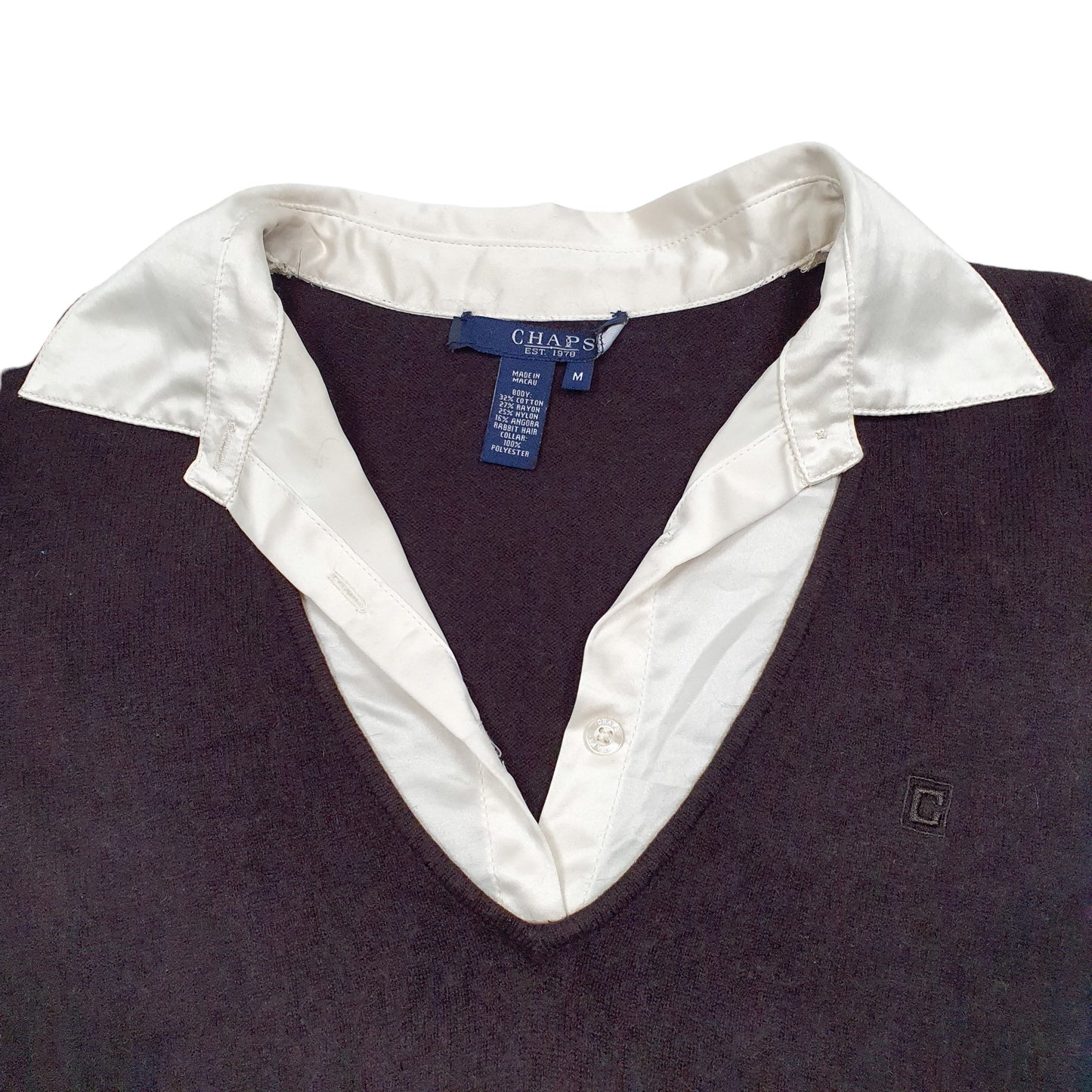 Womens Brown Chaps Knit Collared Blend V Neck Jumper