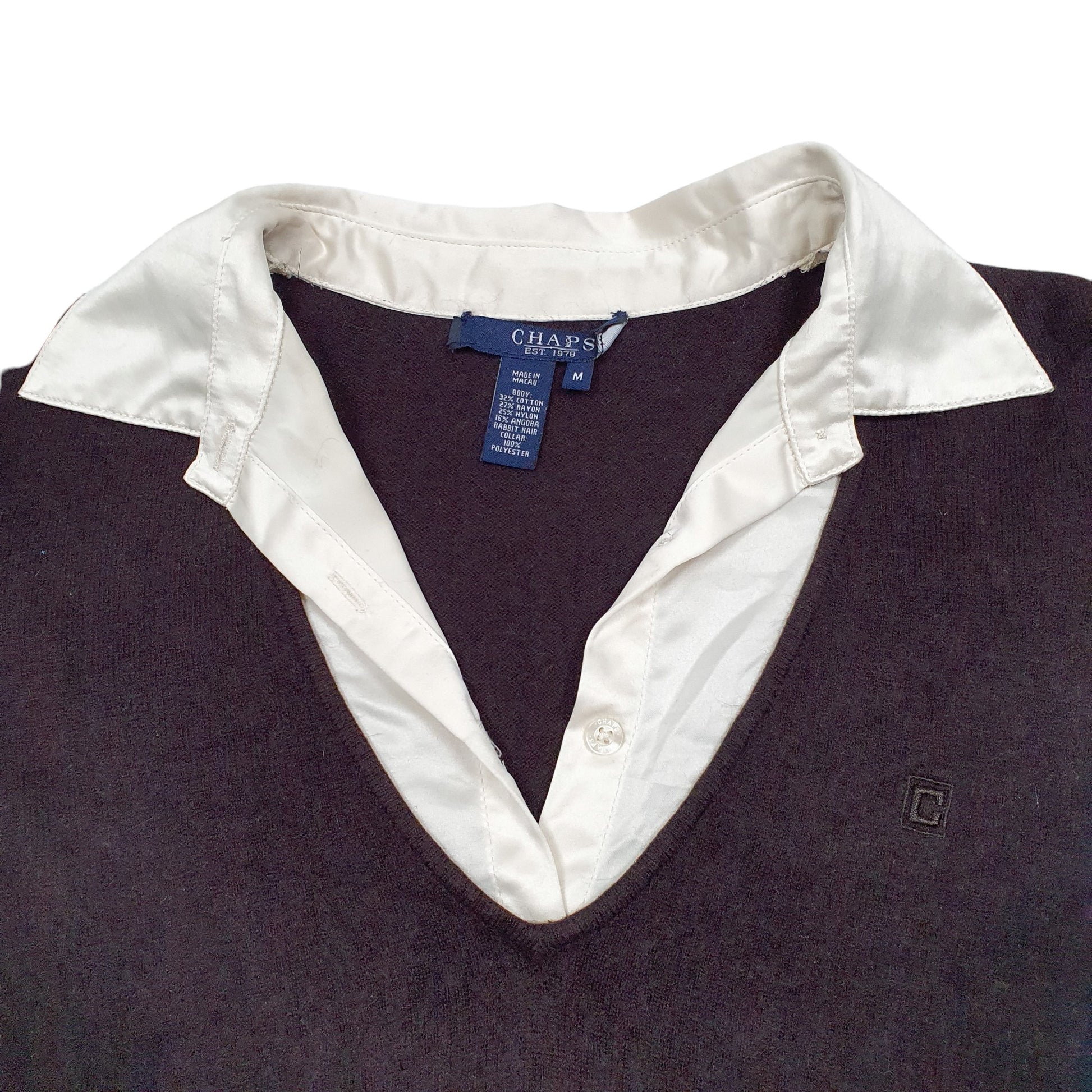 Womens Brown Chaps Knit Collared Blend V Neck Jumper