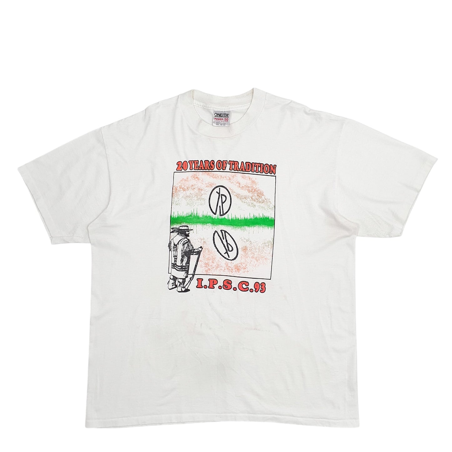 Mens White Oneita Single Stitch Vintage 90s Made In USA 20 Years Of Tradition Short Sleeve T Shirt