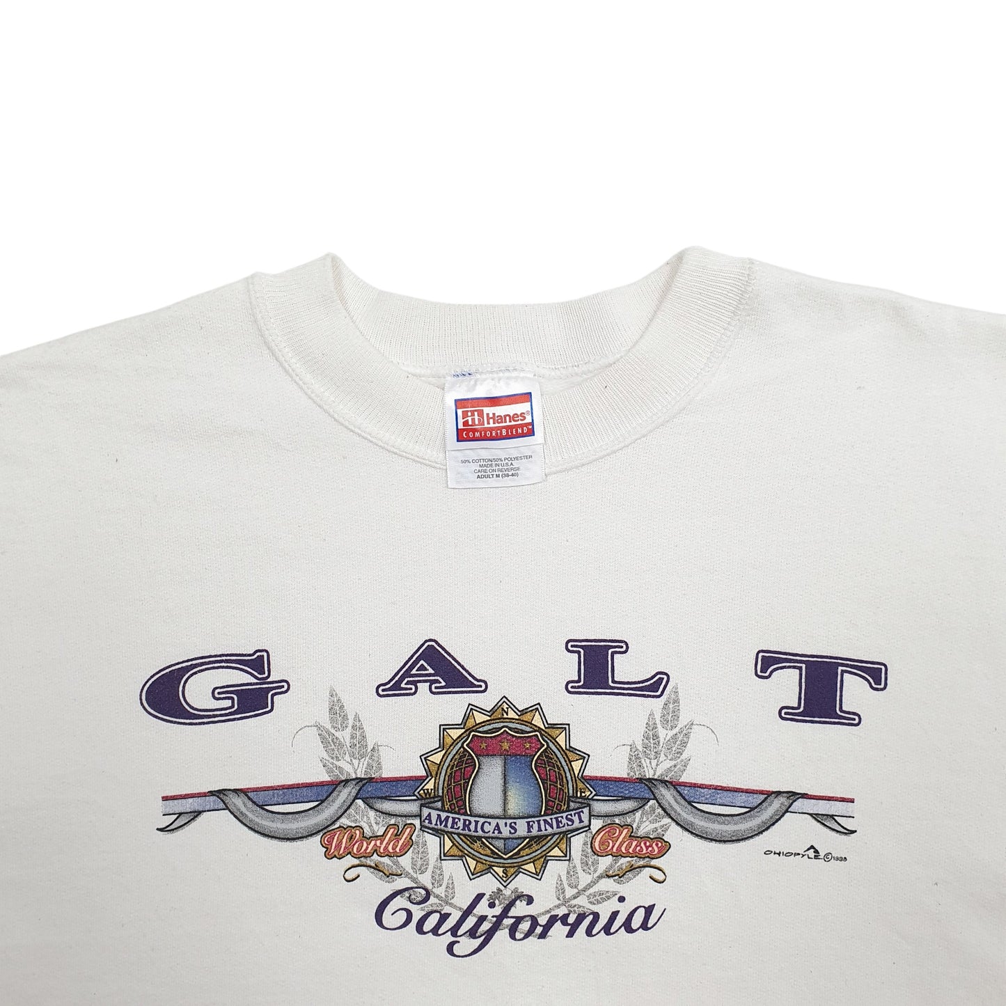 Mens Cream Hanes Galt California Spellout Made In USA Crewneck Jumper